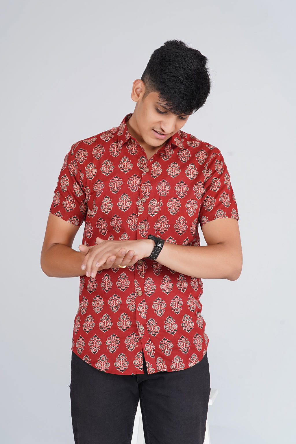 Maroon Ajrakh Butta Half Sleeves Shirt