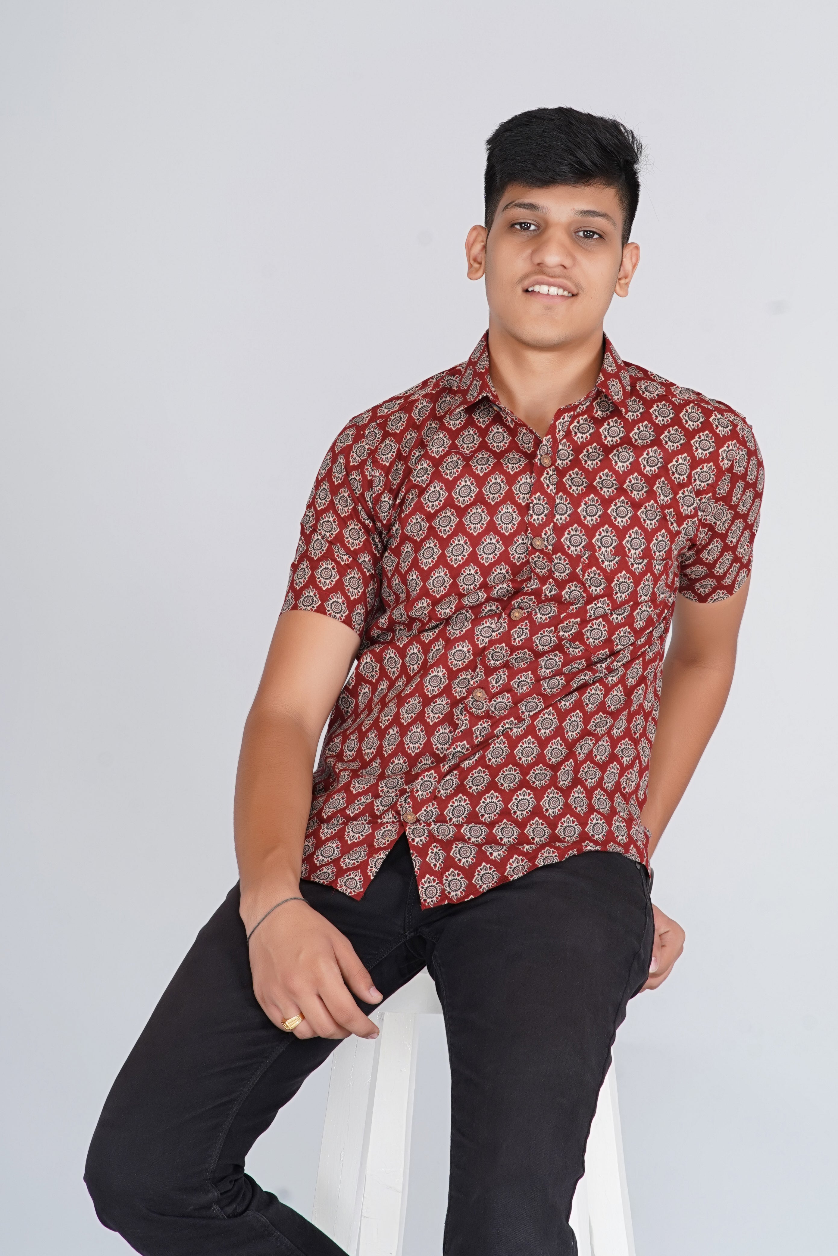 Maroon Ajrakh Tilak Half Sleeves Shirt
