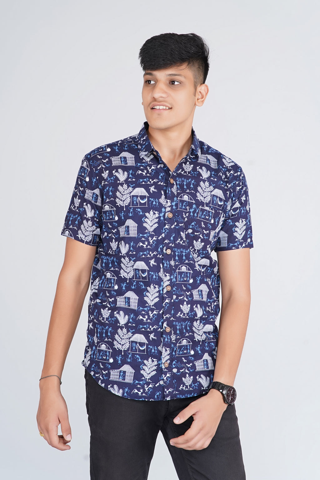 Warli Art Indigo Half Sleeves Shirt