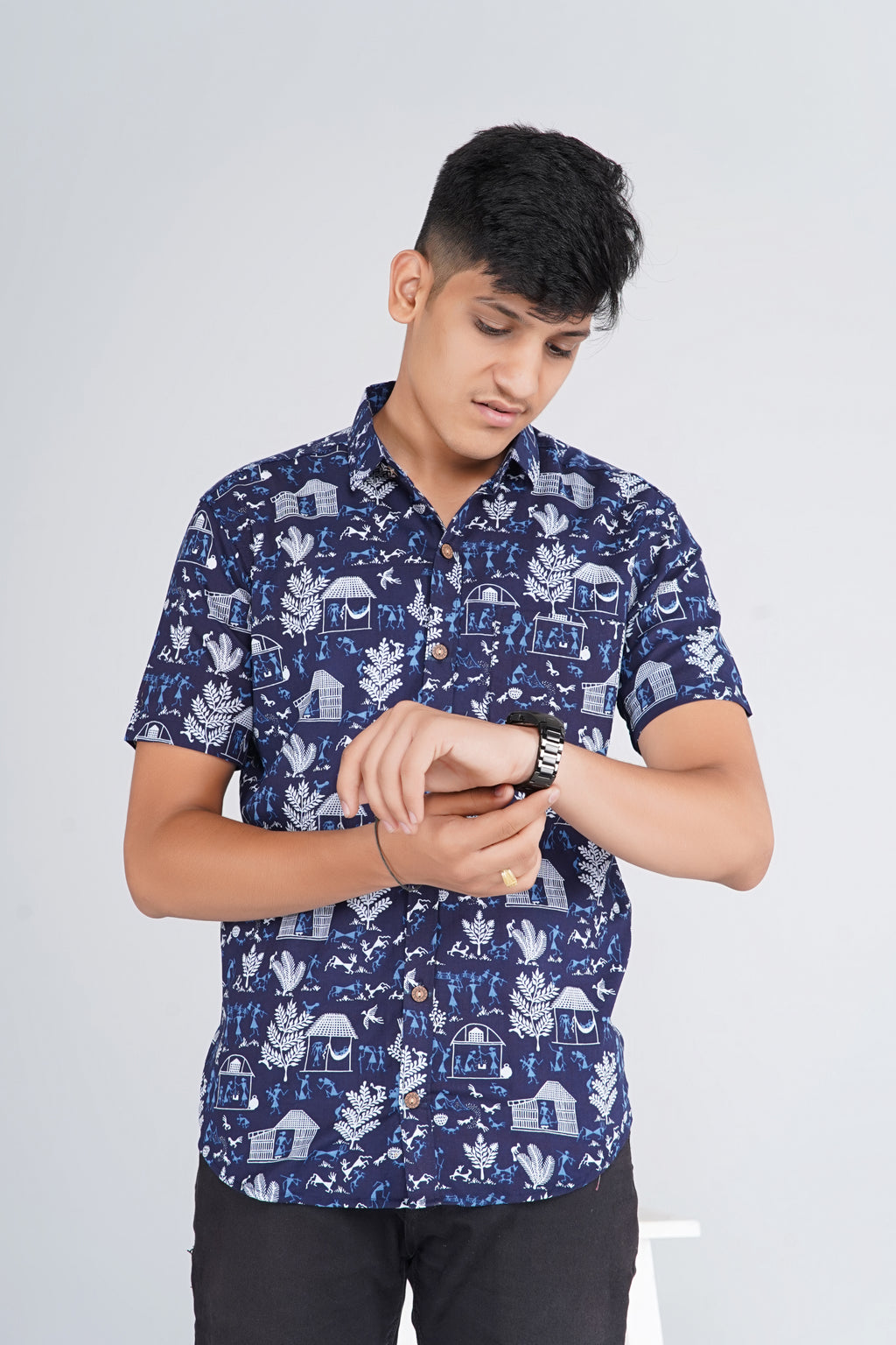 Warli Art Indigo Half Sleeves Shirt
