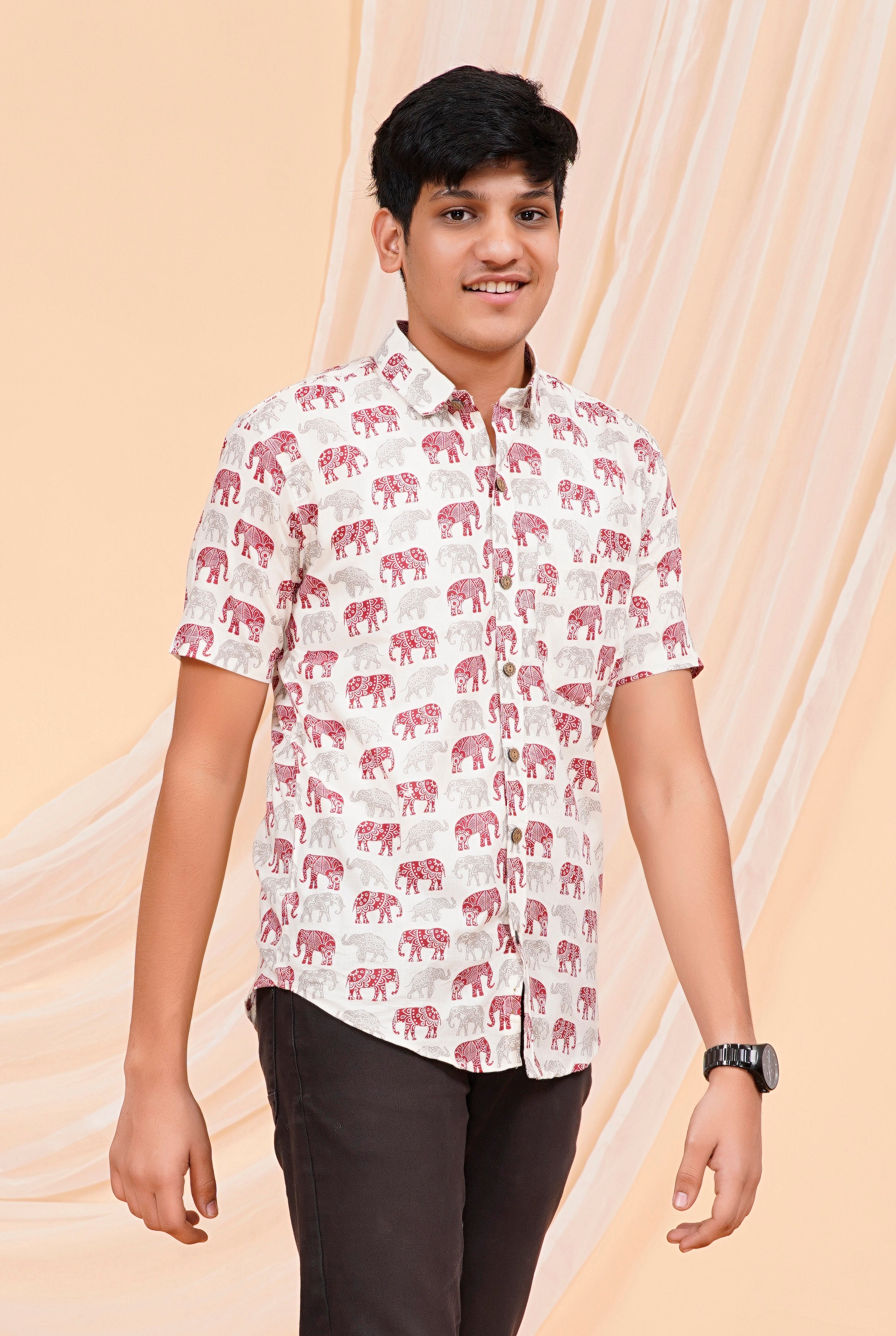 Maroon Cream Elephant Half Sleeves Shirt