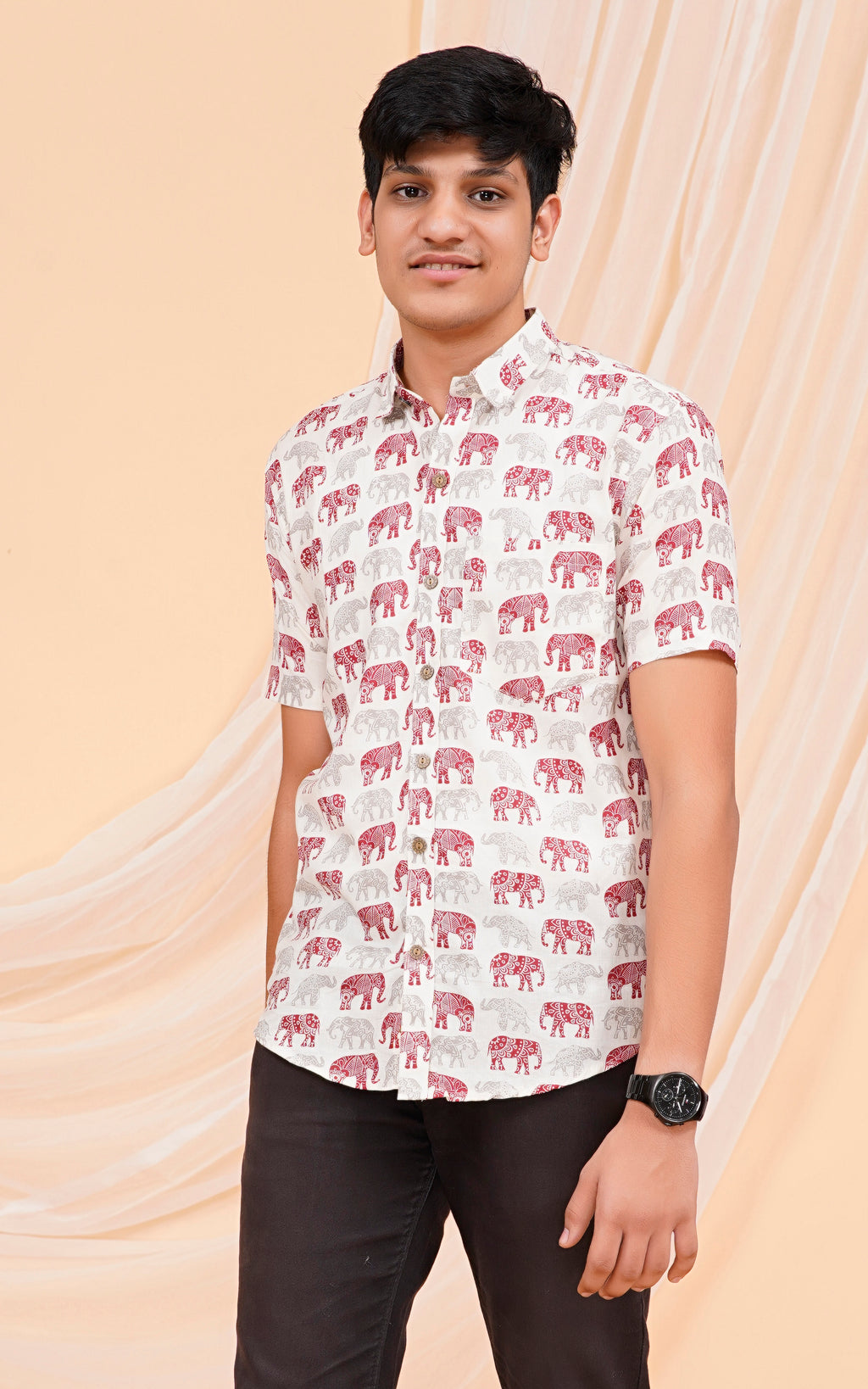 Maroon Cream Elephant Half Sleeves Shirt