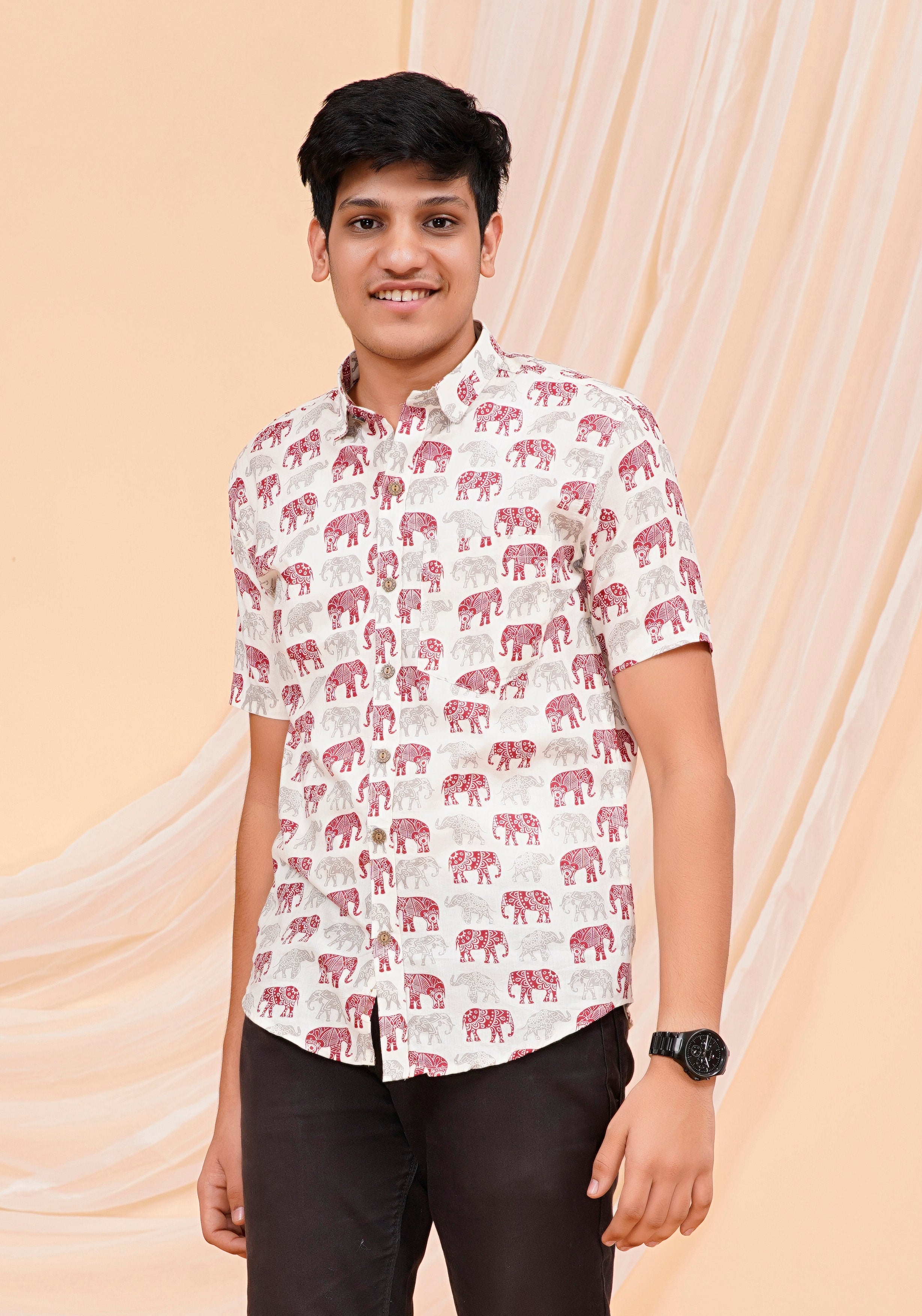 Maroon Cream Elephant Half Sleeves Shirt