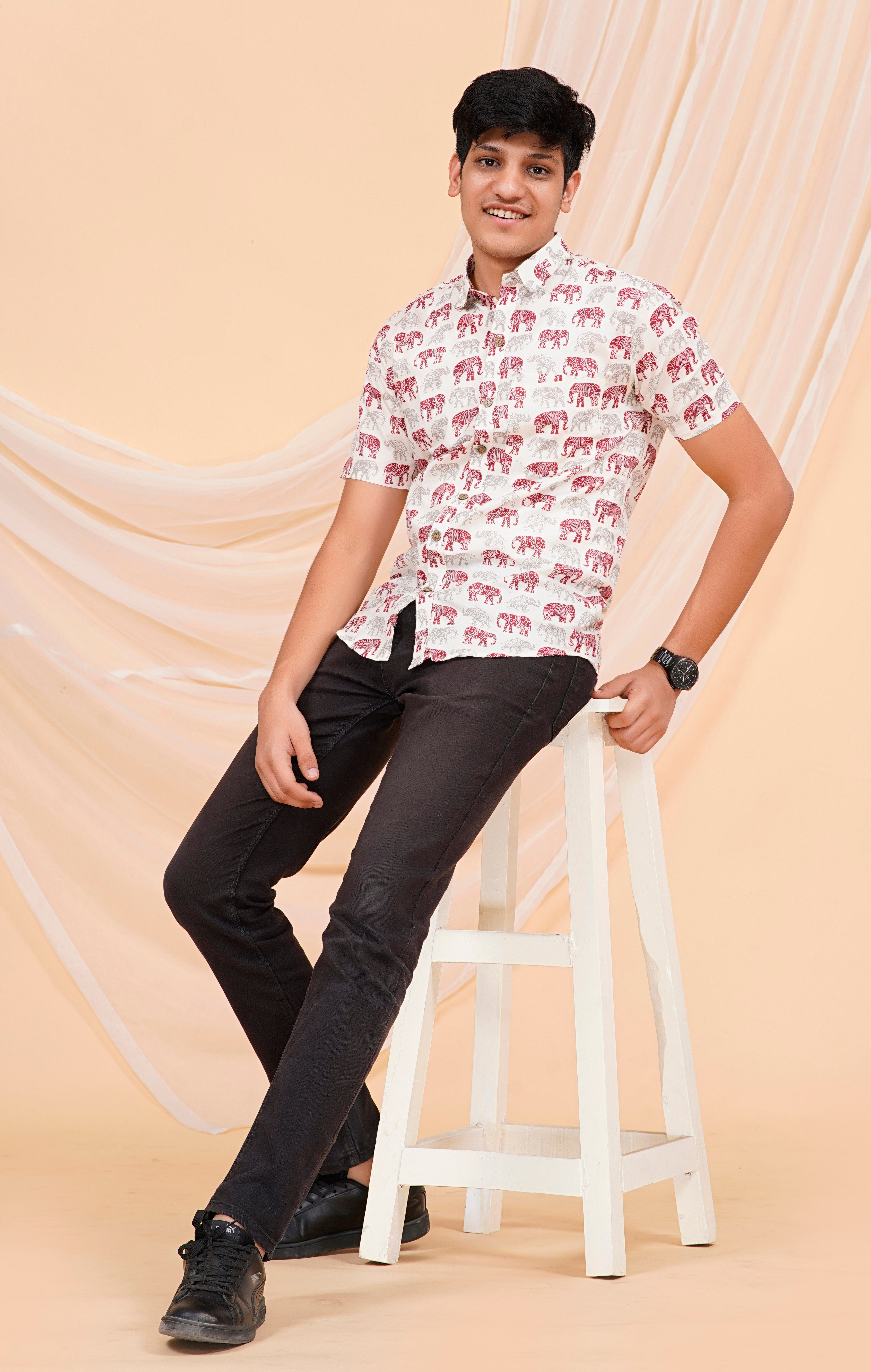 Maroon Cream Elephant Half Sleeves Shirt