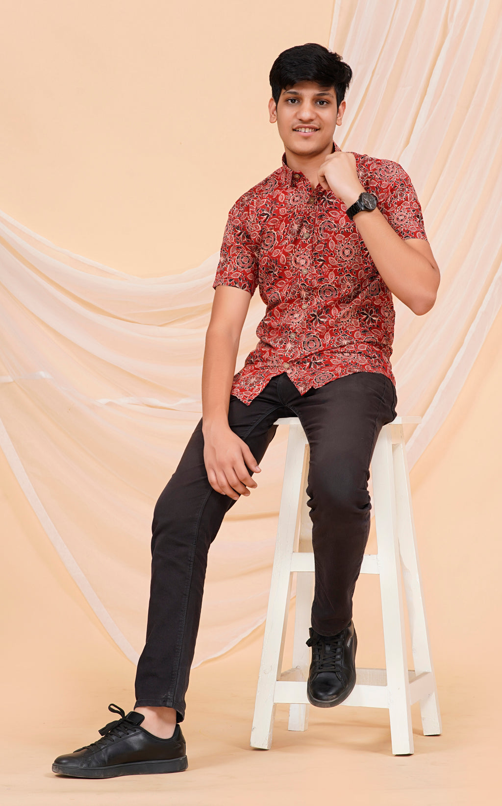 Maroon Ajrakh Jaal Half Sleeves Shirt