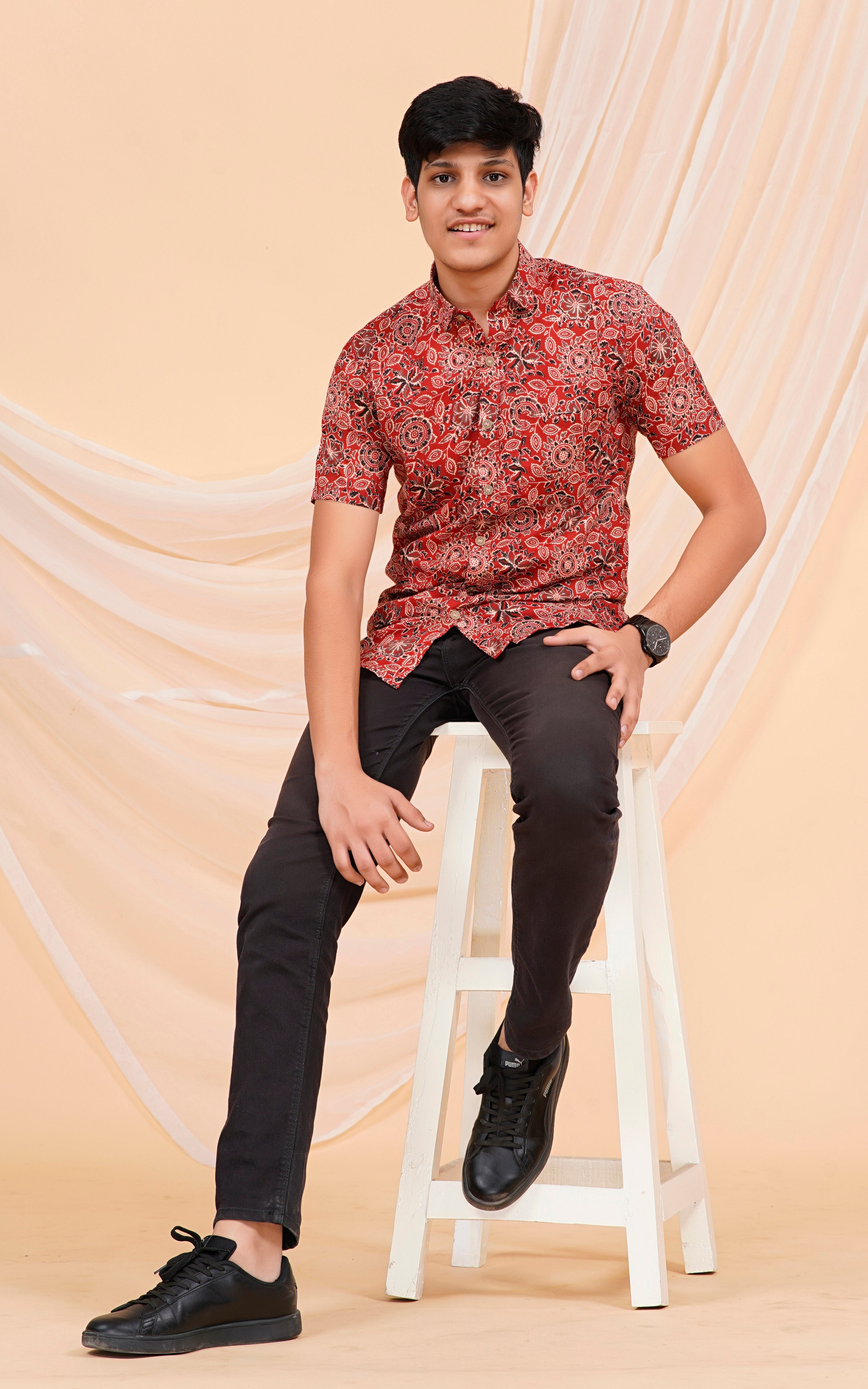 Maroon Ajrakh Jaal Half Sleeves Shirt