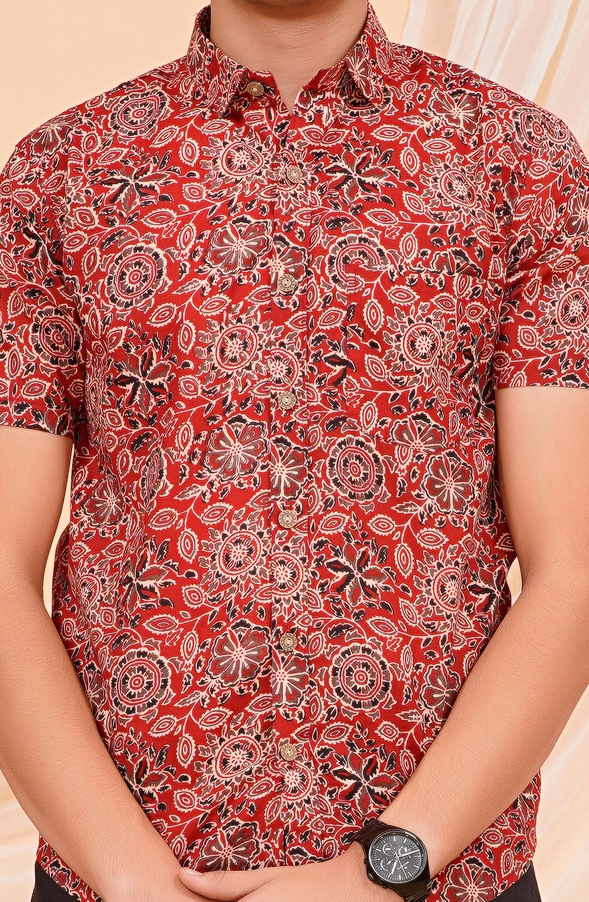 Maroon Ajrakh Jaal Half Sleeves Shirt