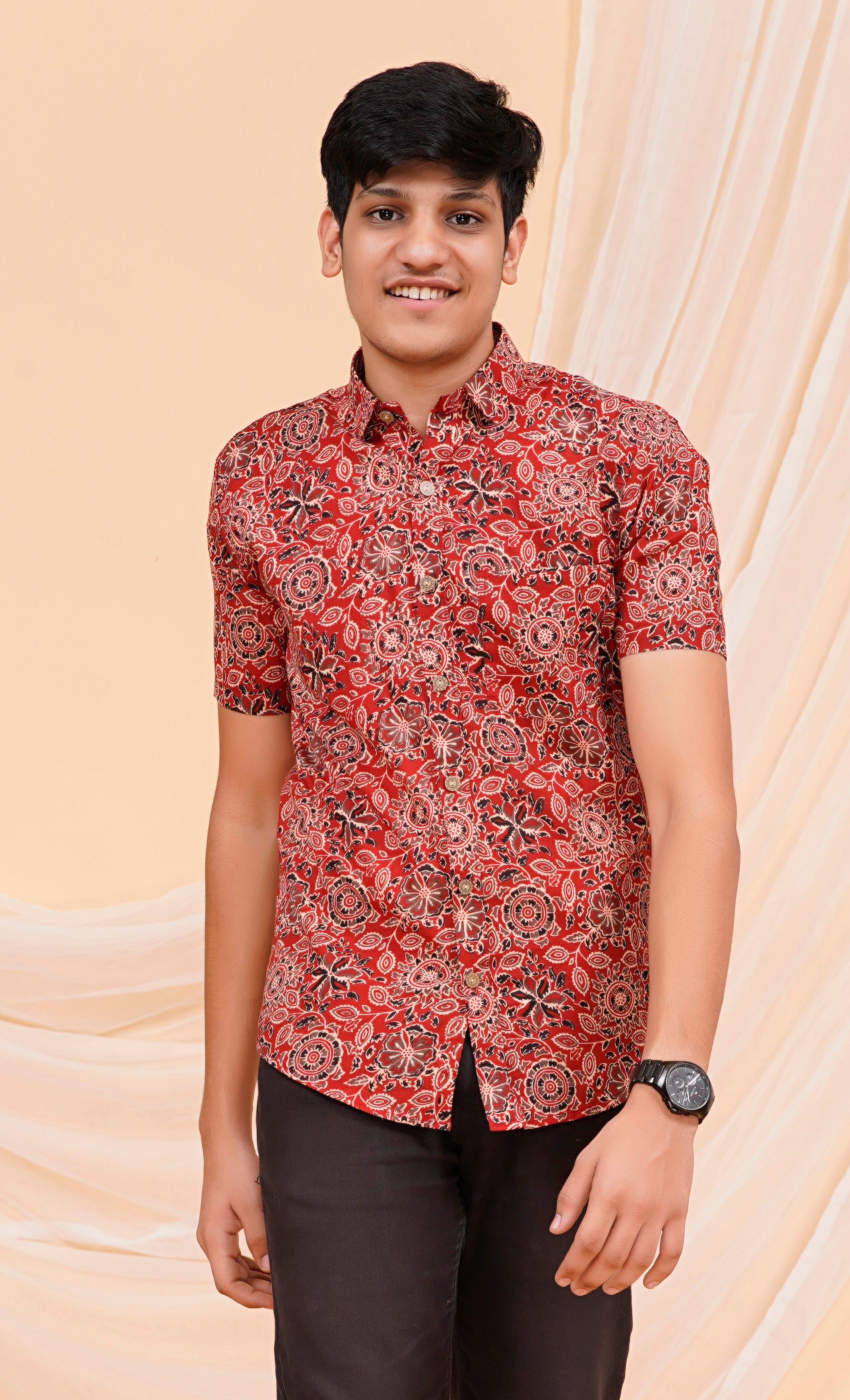 Maroon Ajrakh Jaal Half Sleeves Shirt