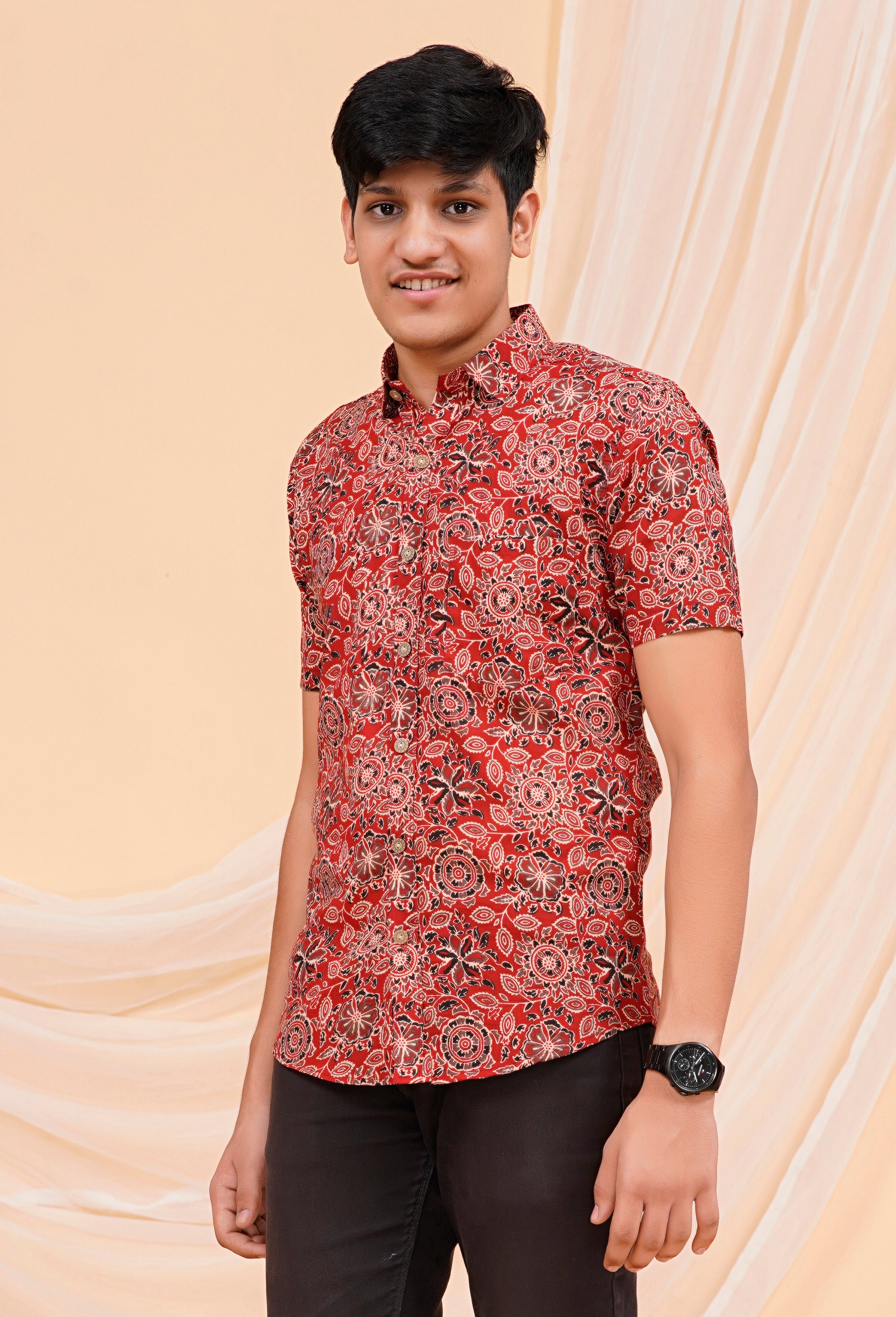 Maroon Ajrakh Jaal Half Sleeves Shirt