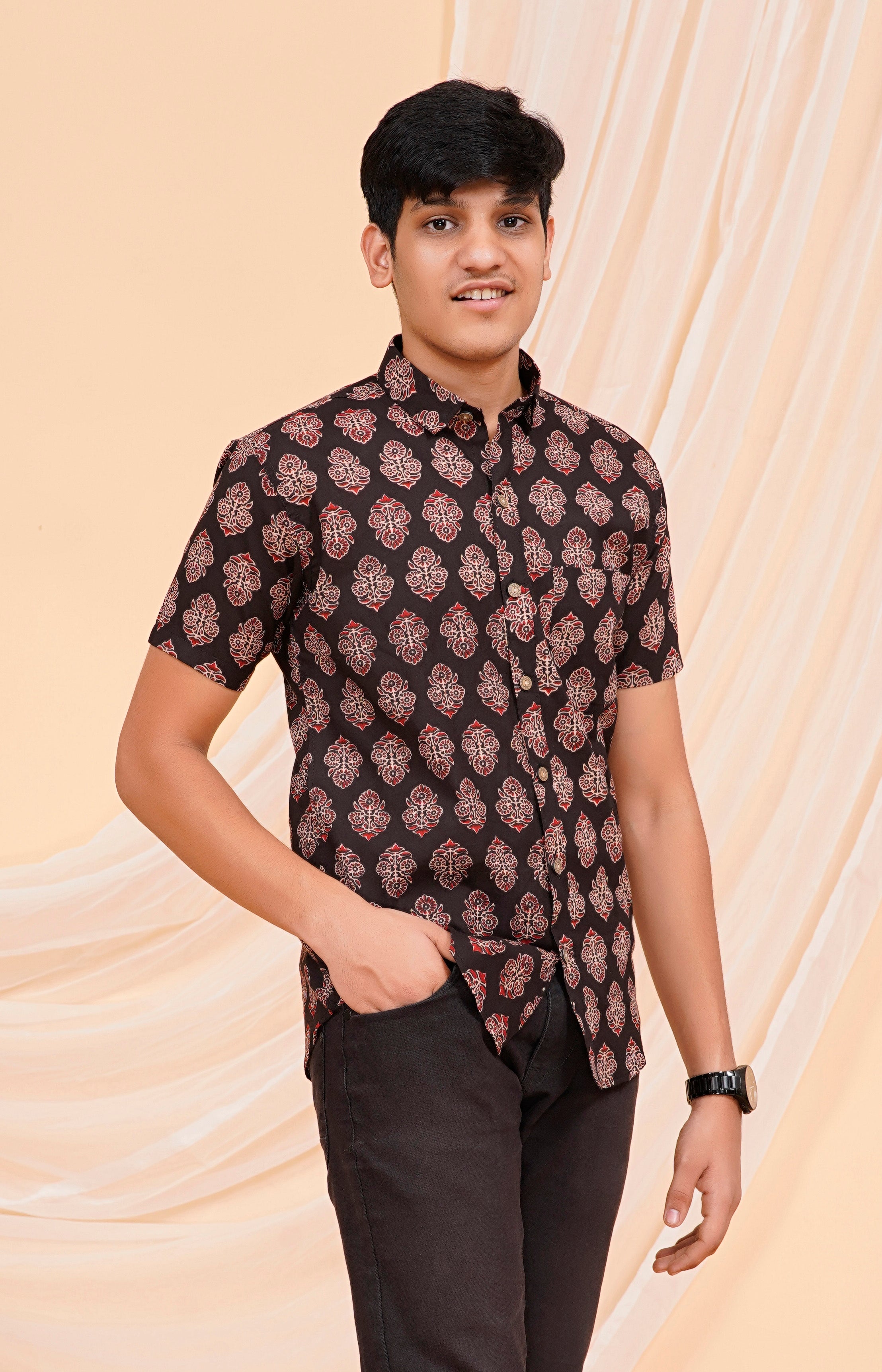 Black Ajrakh Butta Half Sleeves Shirt