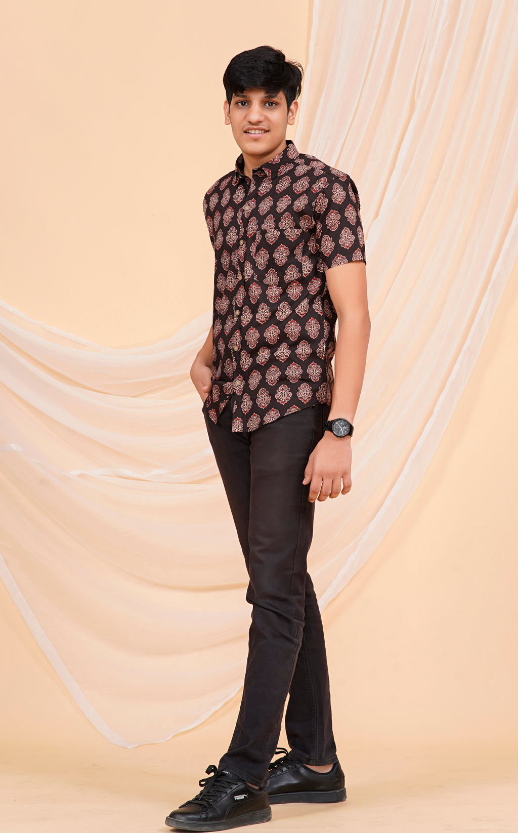 Black Ajrakh Butta Half Sleeves Shirt