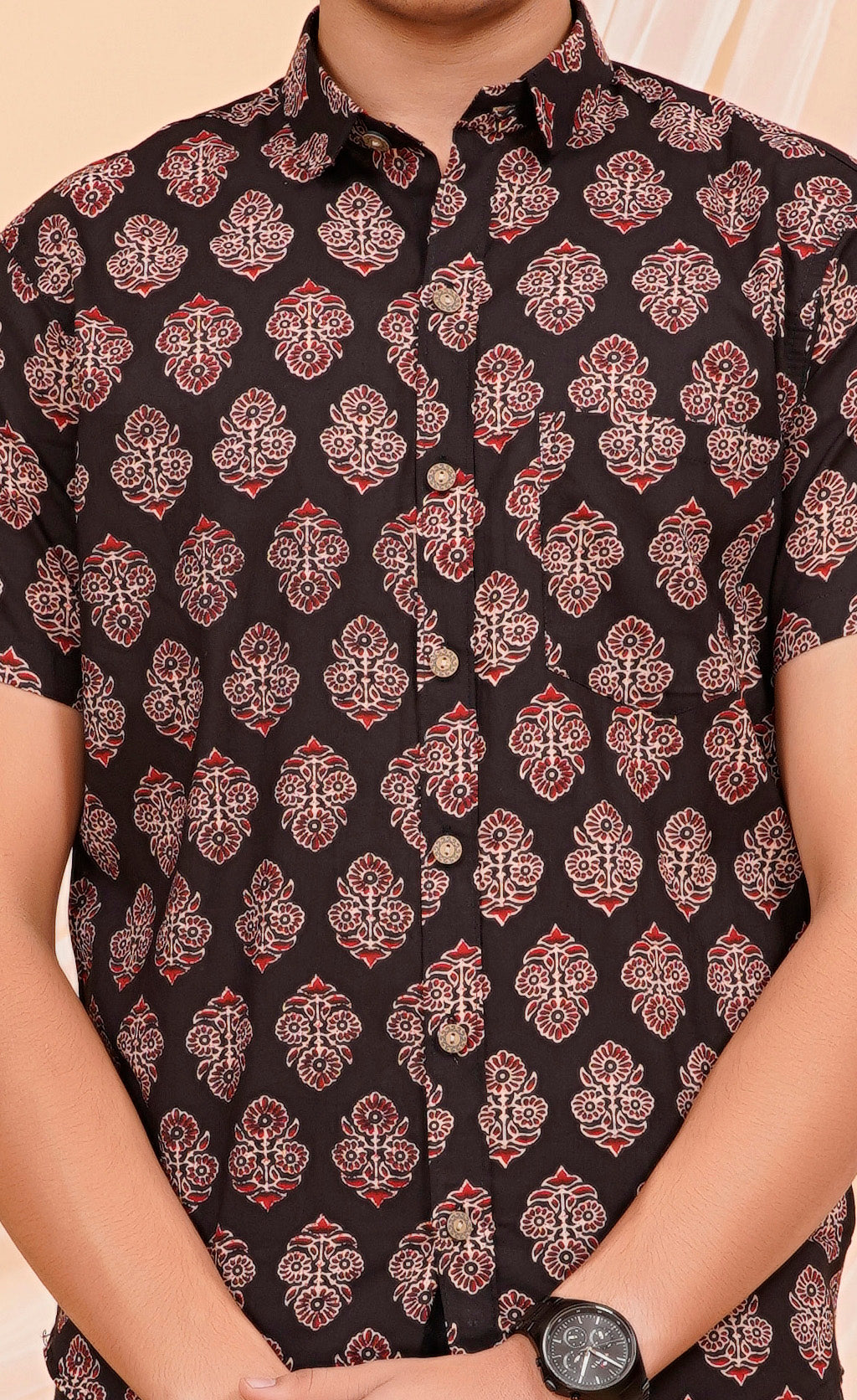 Black Ajrakh Butta Half Sleeves Shirt