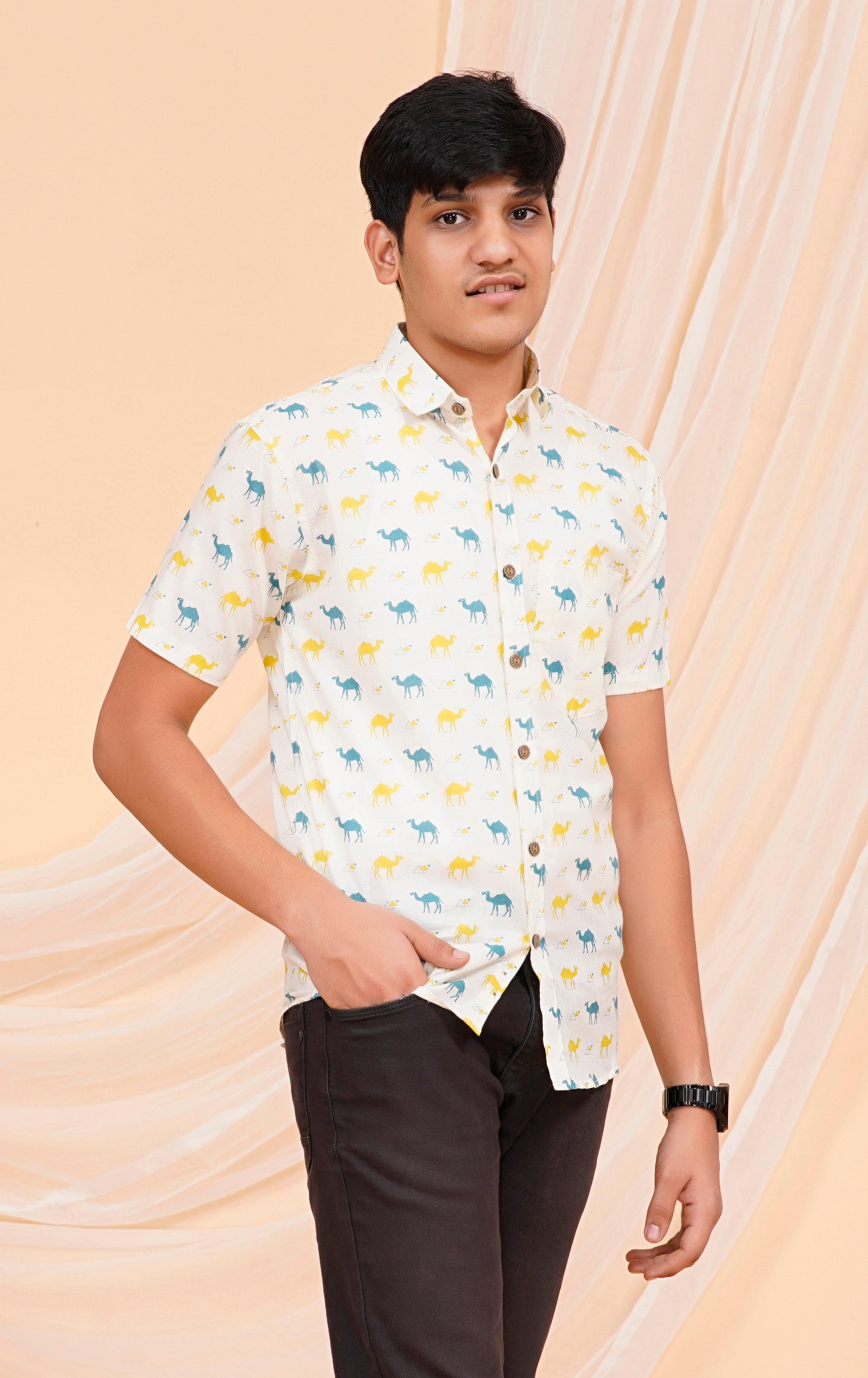 Yellow-Green Camel Half Sleeves Shirt