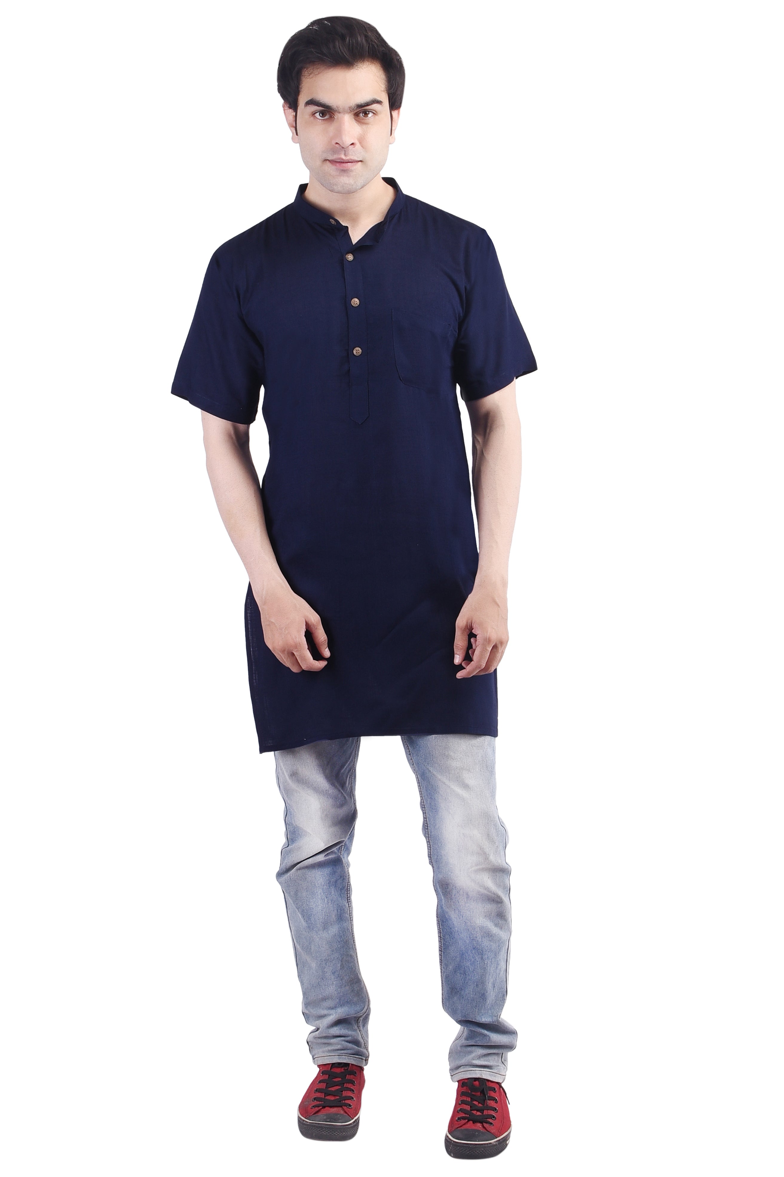Navy Blue Short Rayon Slub Solid Men's Modi Kurta
