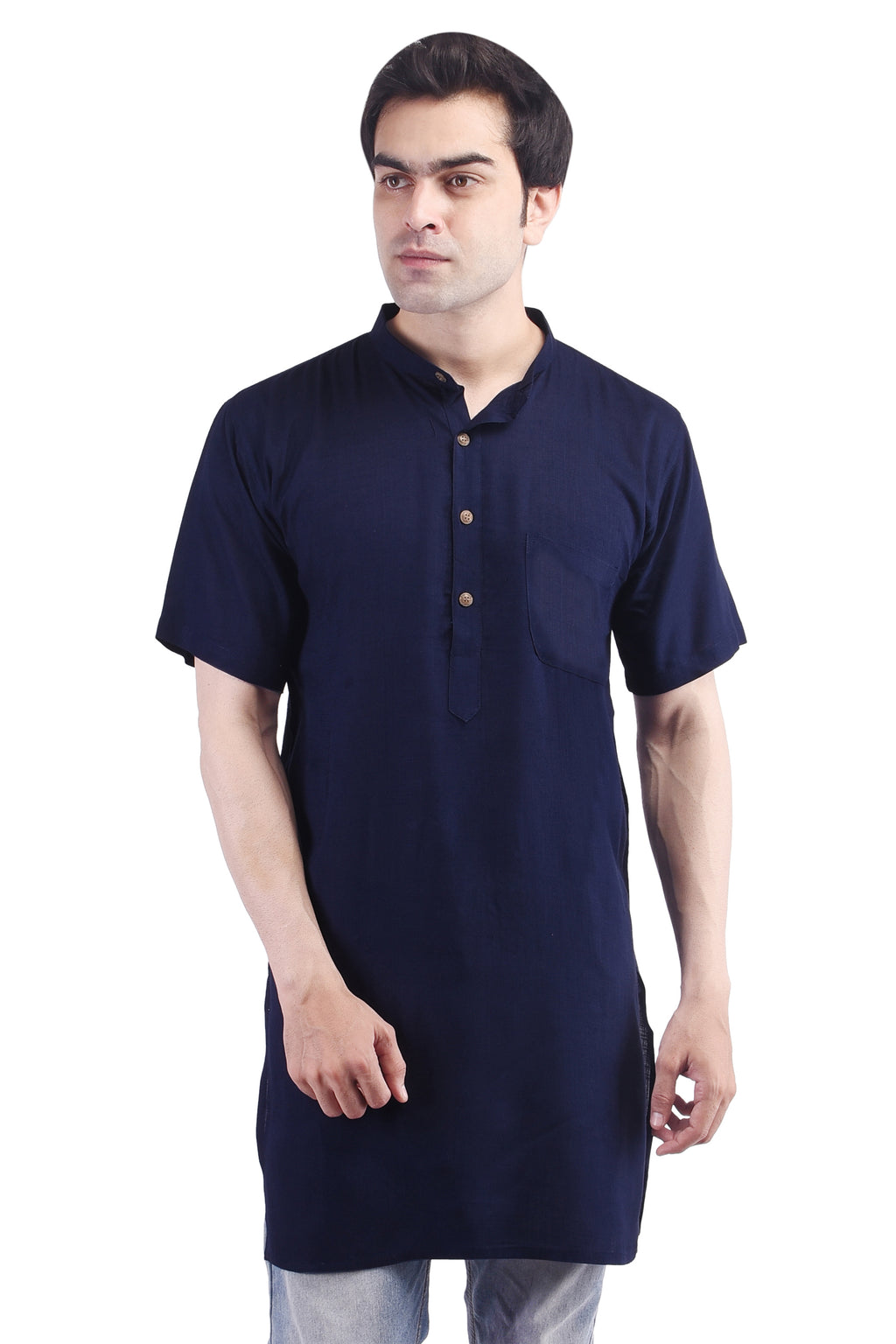 Navy Blue Short Rayon Slub Solid Men's Modi Kurta