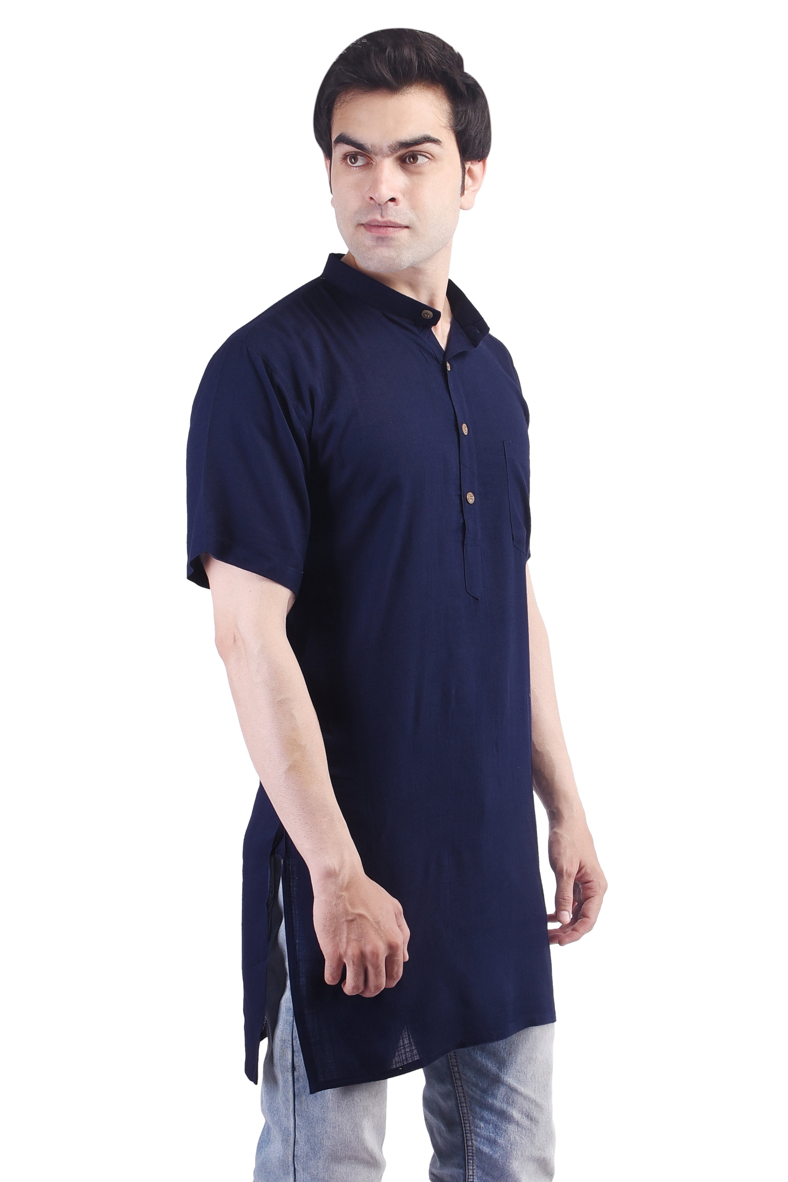 Navy Blue Short Rayon Slub Solid Men's Modi Kurta