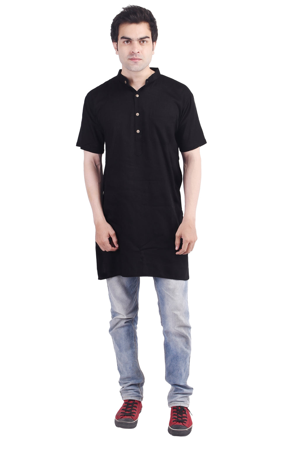 Black Short Rayon Slub Solid Men's Modi Kurta