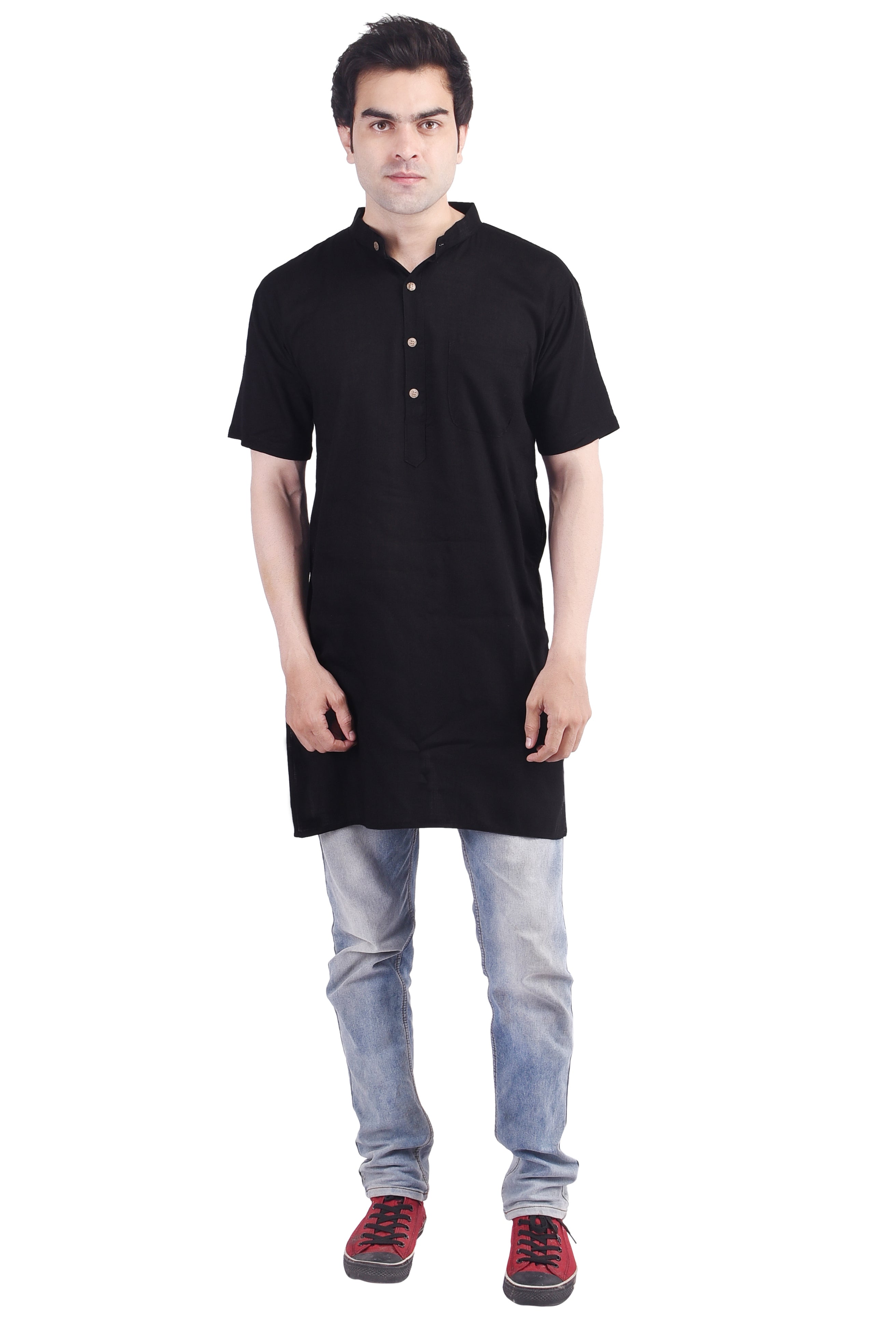 Black Short Rayon Slub Solid Men's Modi Kurta