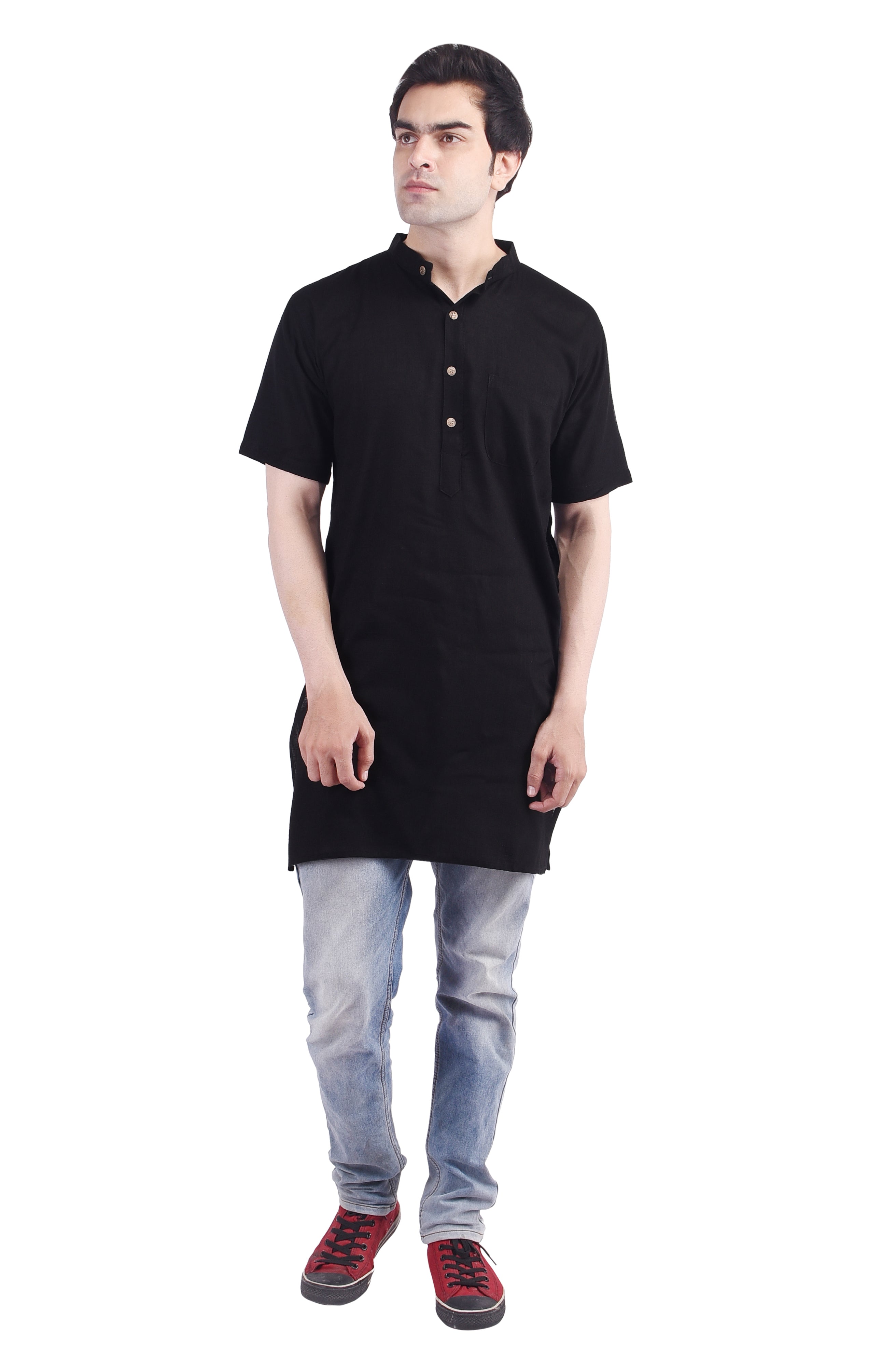 Black Short Rayon Slub Solid Men's Modi Kurta