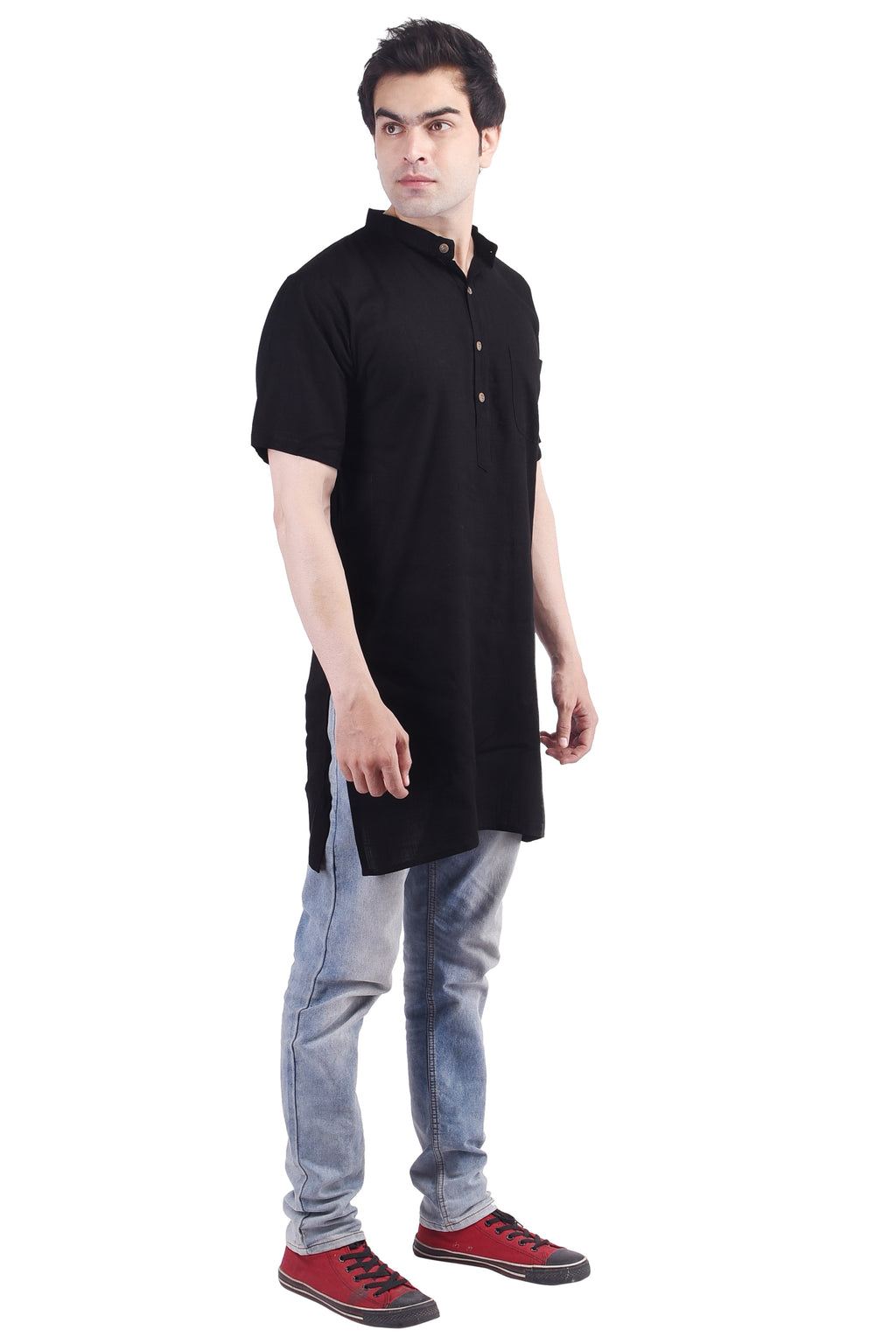 Black Short Rayon Slub Solid Men's Modi Kurta
