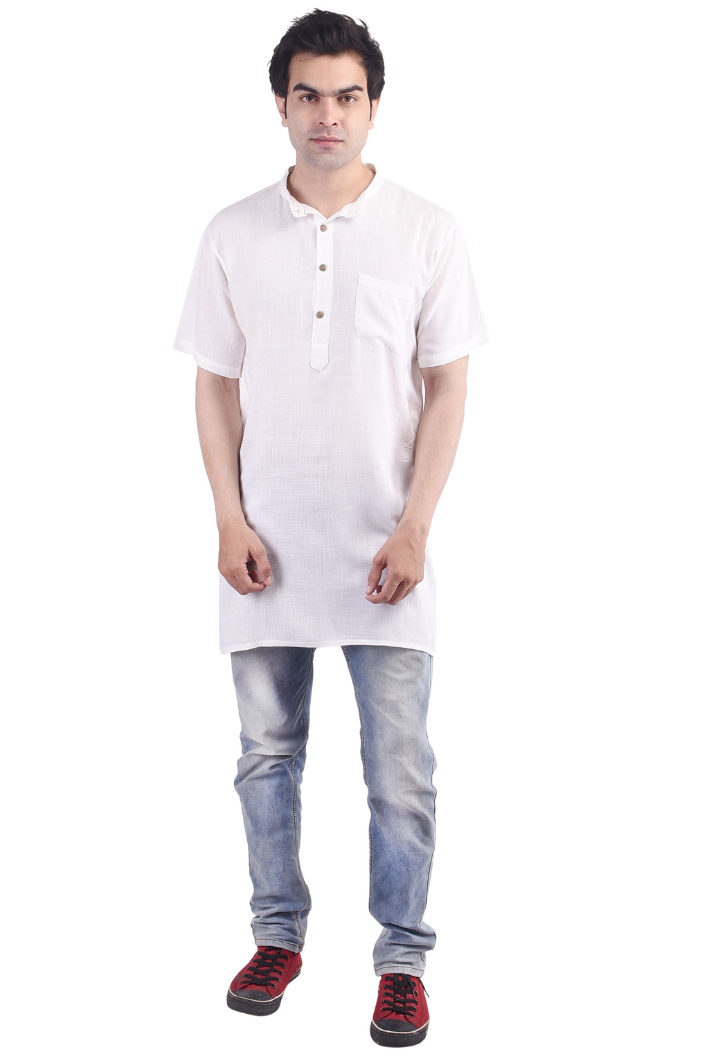 White Short Rayon Slub Solid Men's Modi Kurta