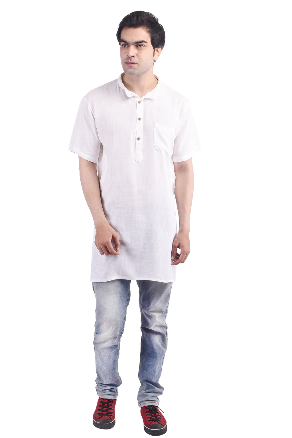 White Short Rayon Slub Solid Men's Modi Kurta