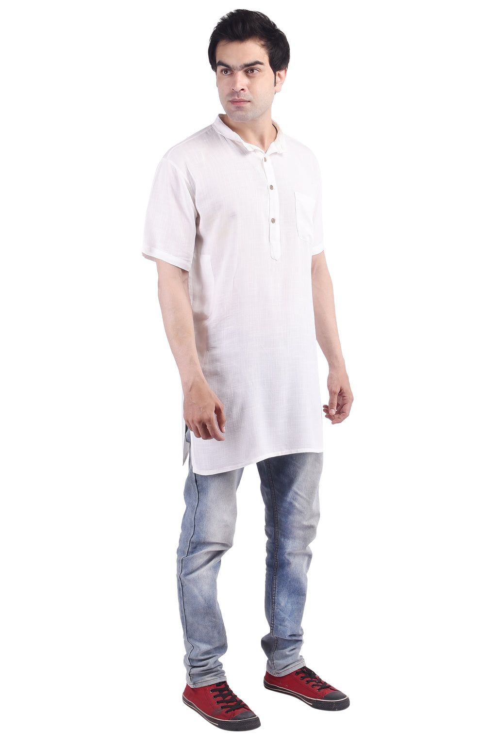 White Short Rayon Slub Solid Men's Modi Kurta