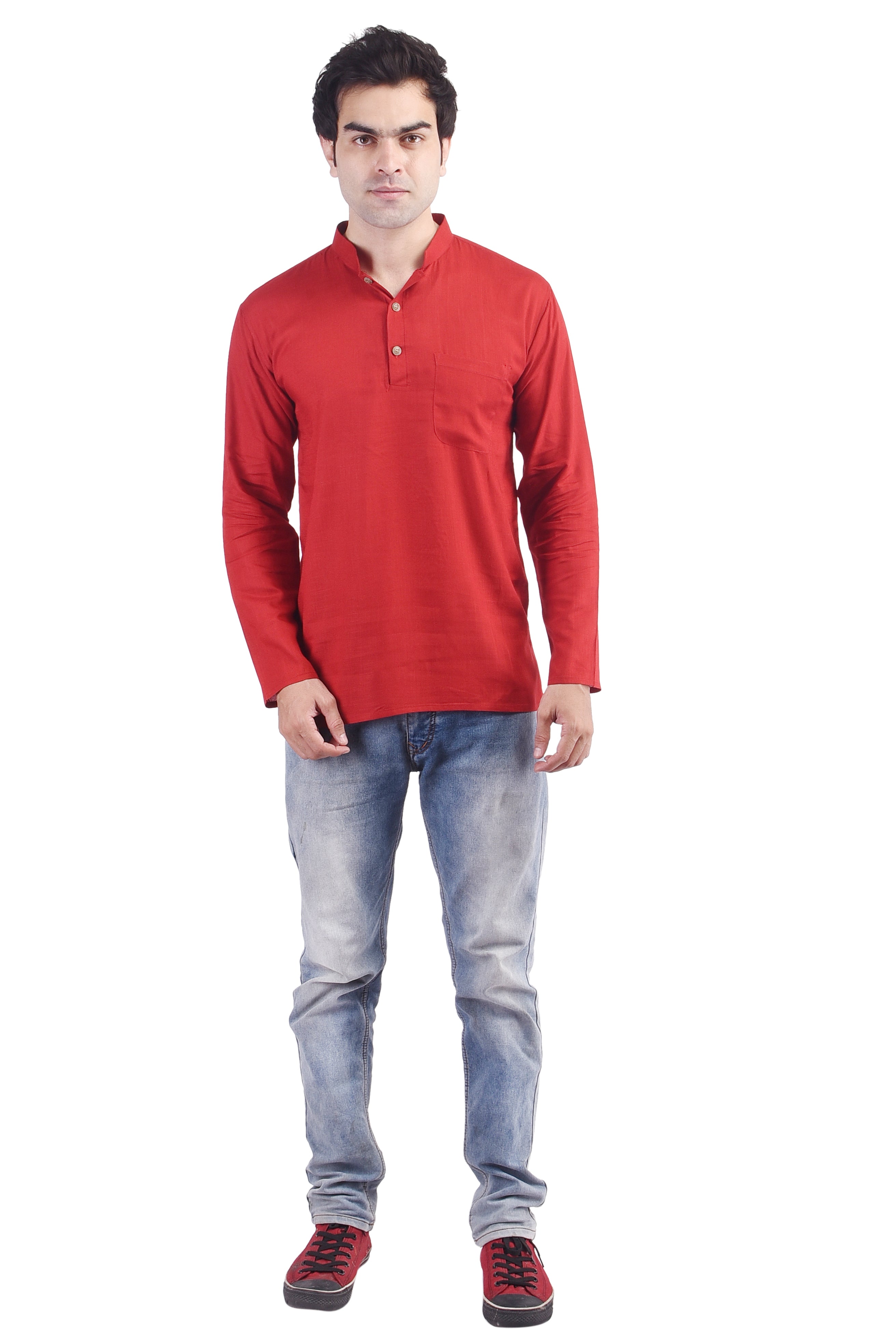 Maroon Short Rayon Slub Solid Men's Kurta