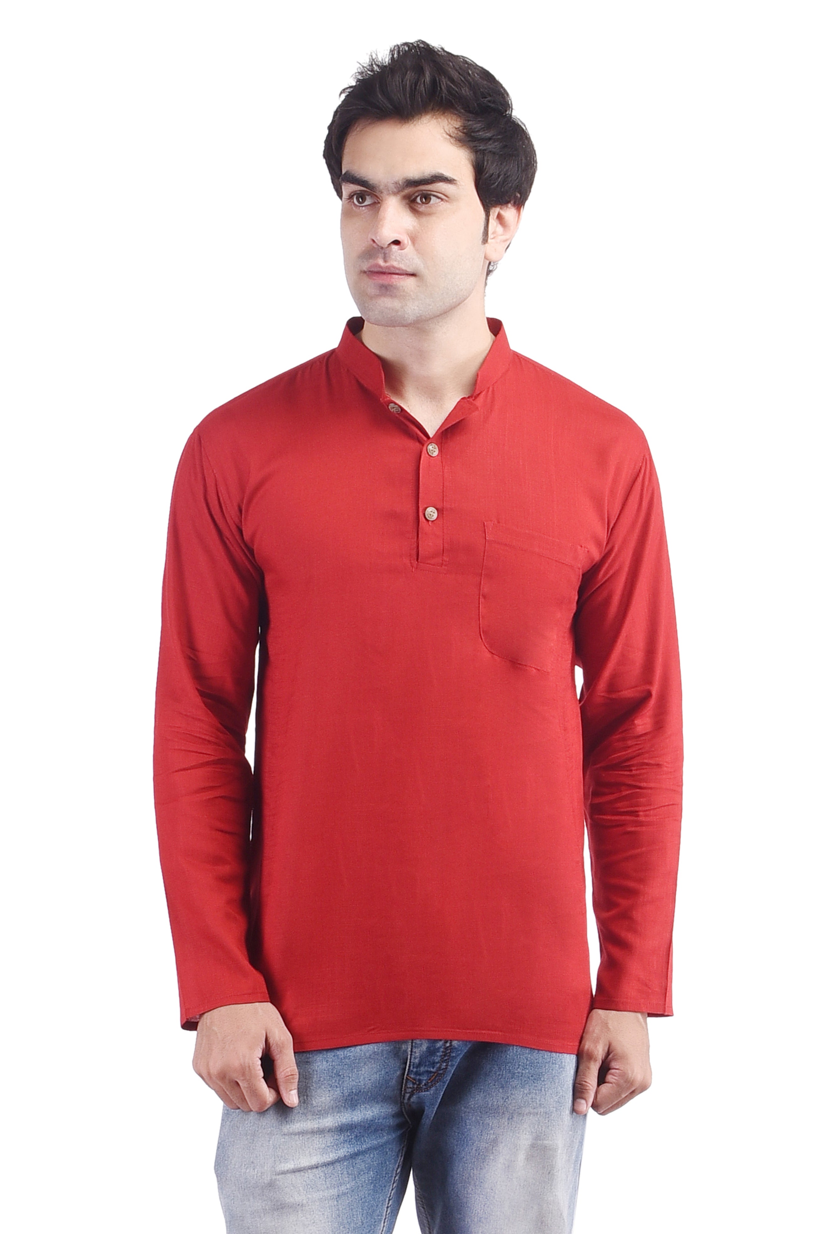 Maroon Short Rayon Slub Solid Men's Kurta