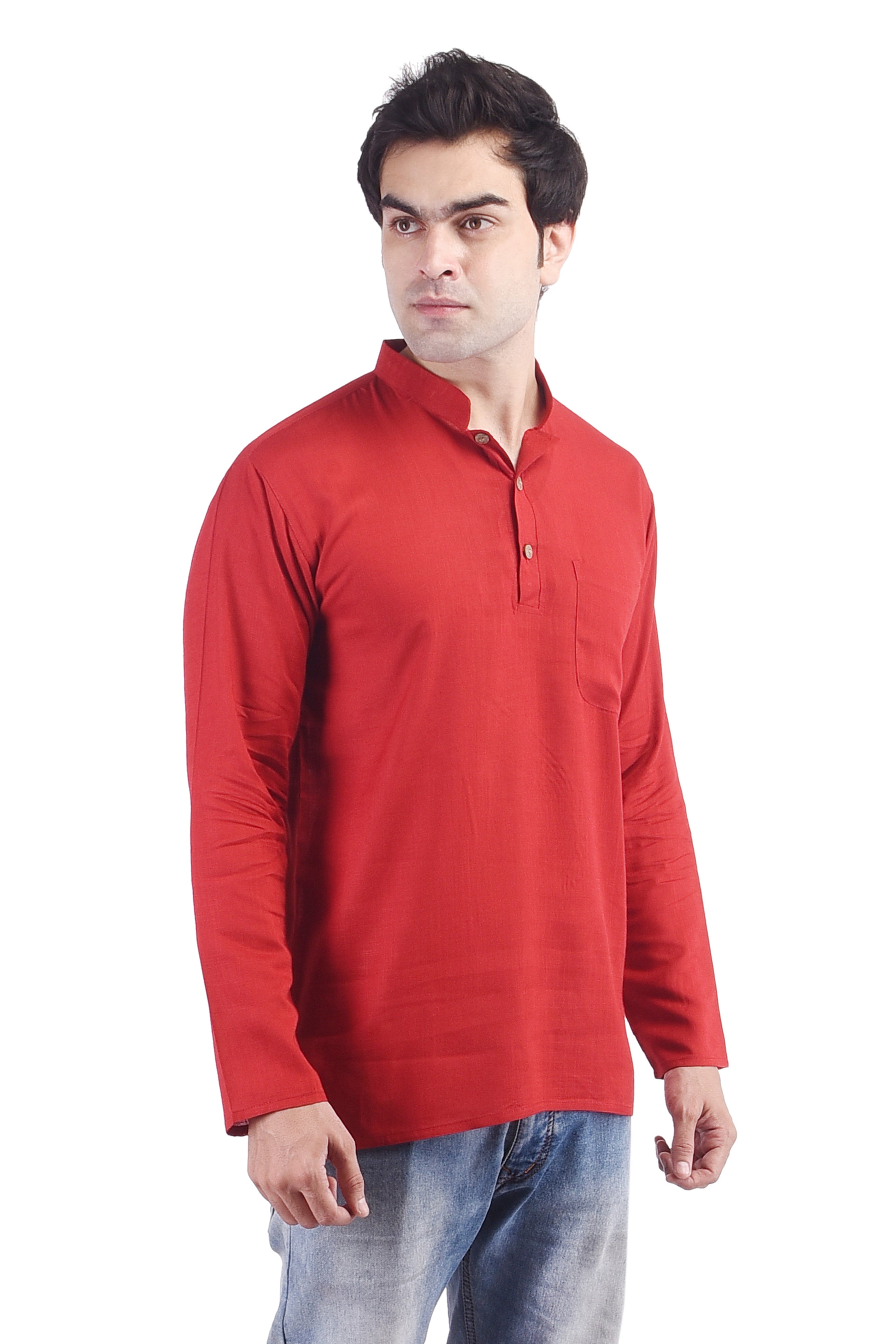 Maroon Short Rayon Slub Solid Men's Kurta