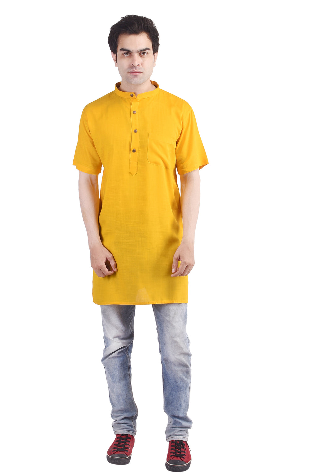Yellow Short Rayon Slub Solid Men's Modi Kurta