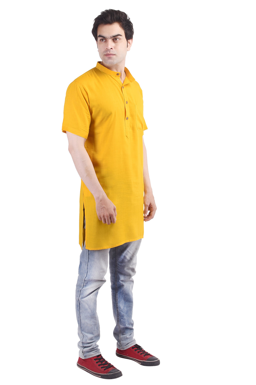 Yellow Short Rayon Slub Solid Men's Modi Kurta