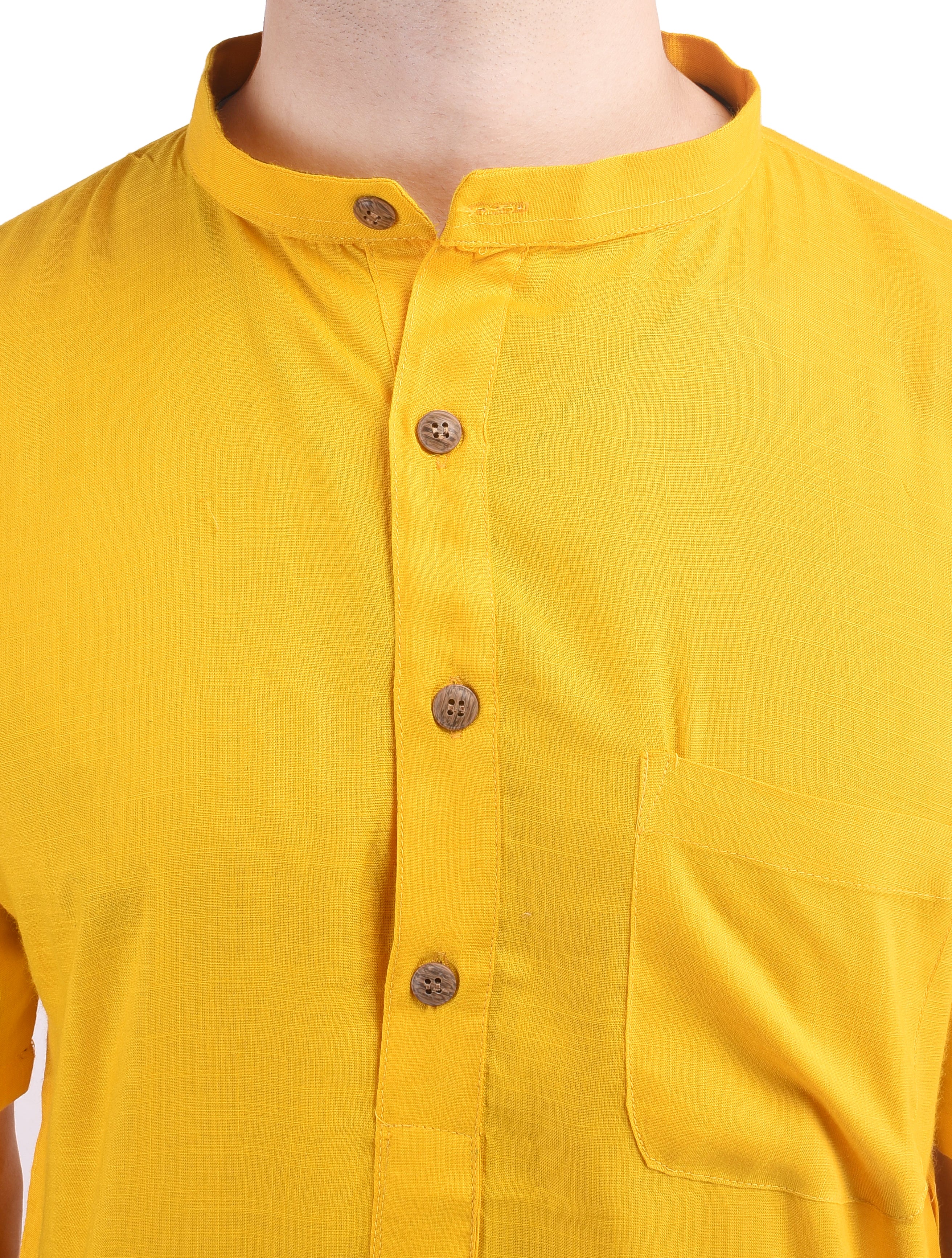 Yellow Short Rayon Slub Solid Men's Modi Kurta