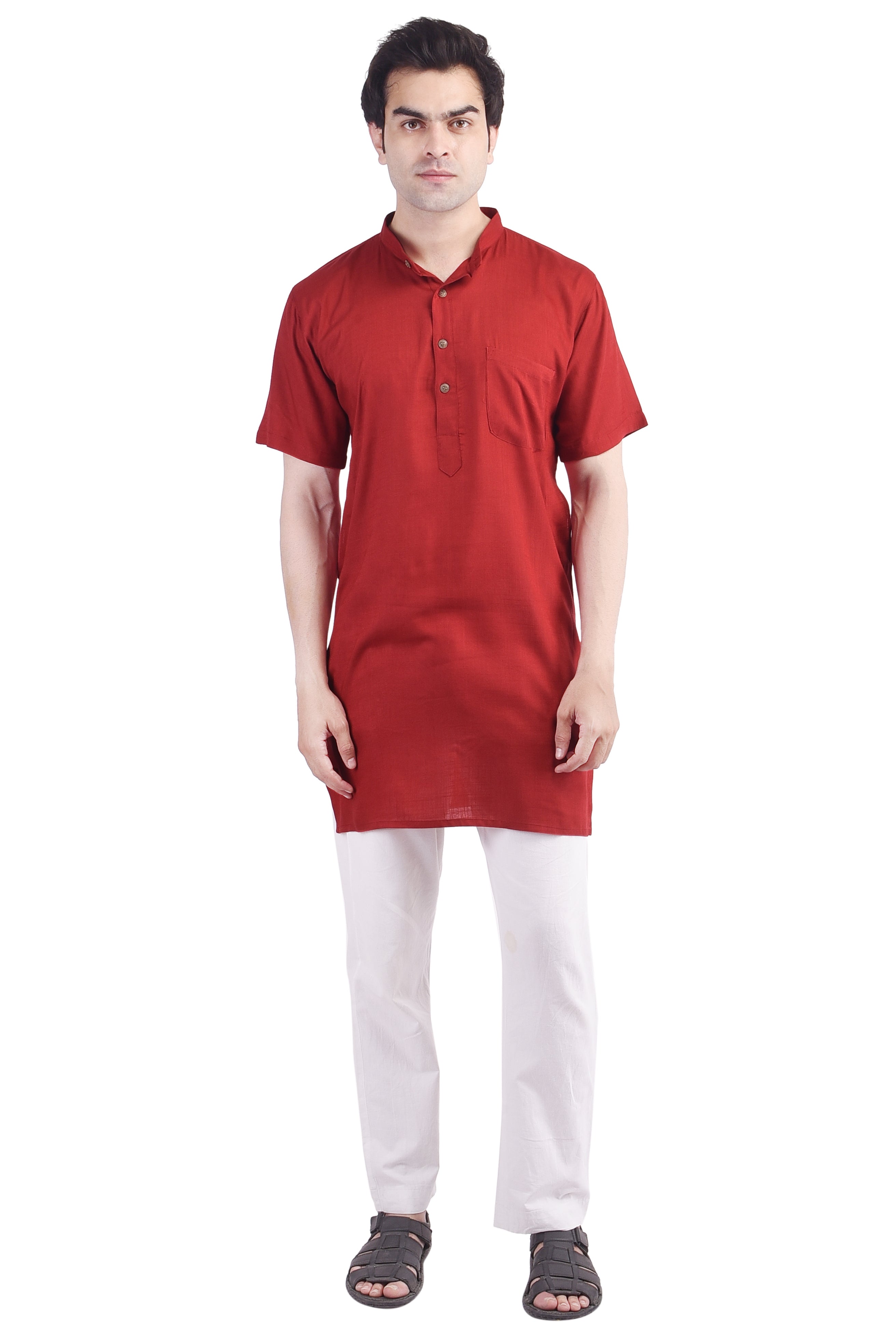 Maroon Short Rayon Slub Solid Men's Modi Kurta