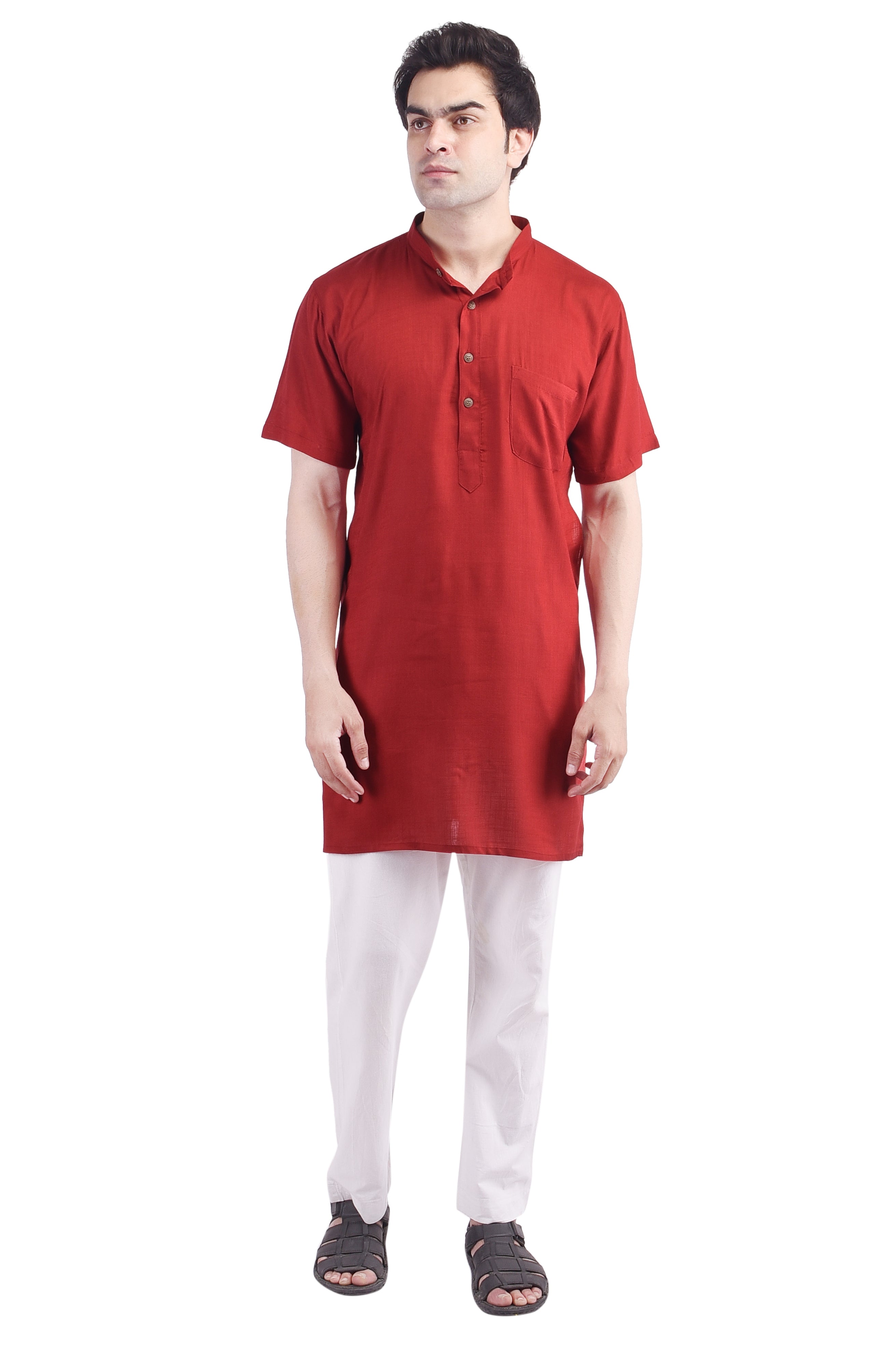 Maroon Short Rayon Slub Solid Men's Modi Kurta