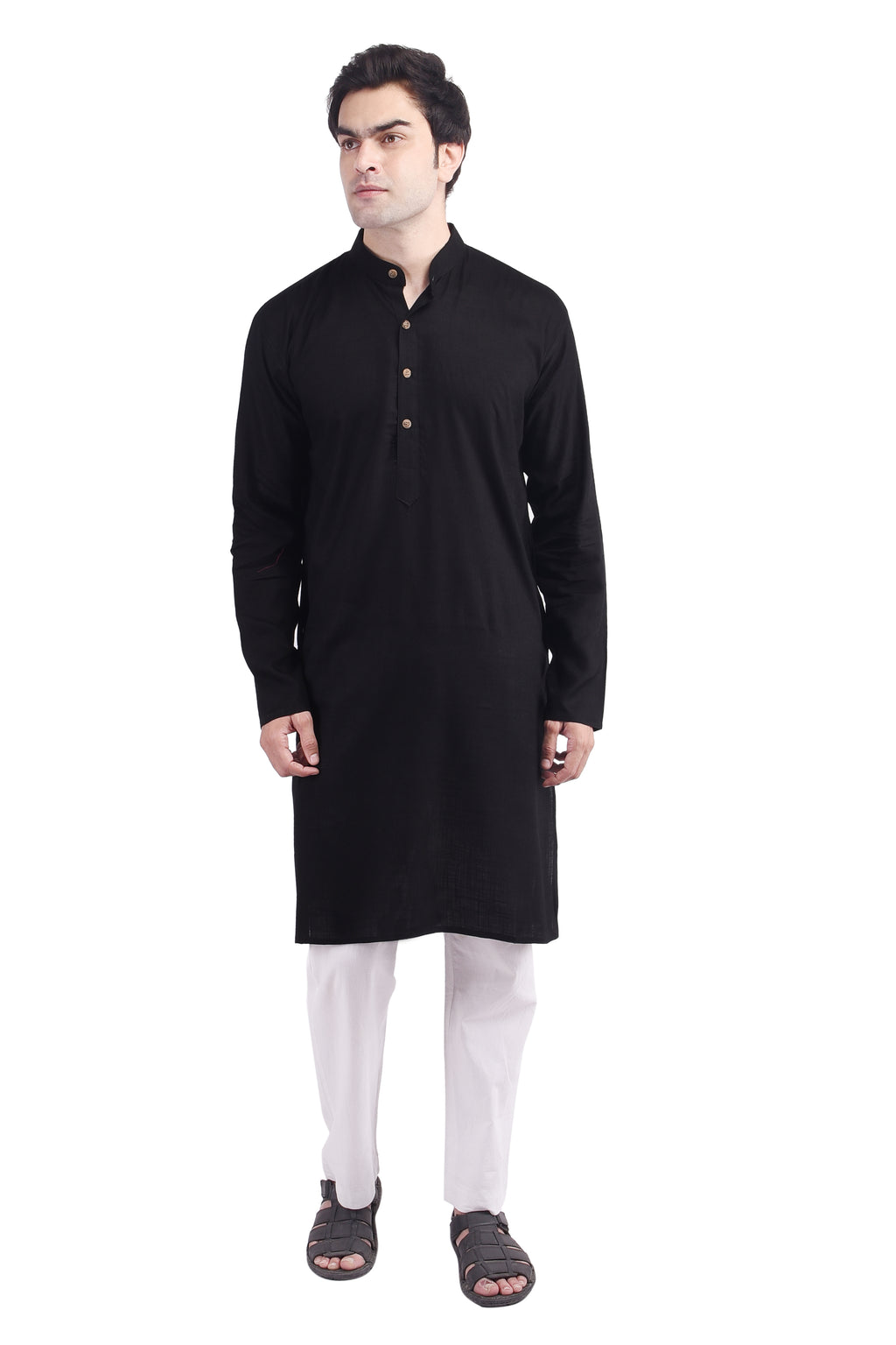 Black Long Rayon Slub Solid Men's Kurta