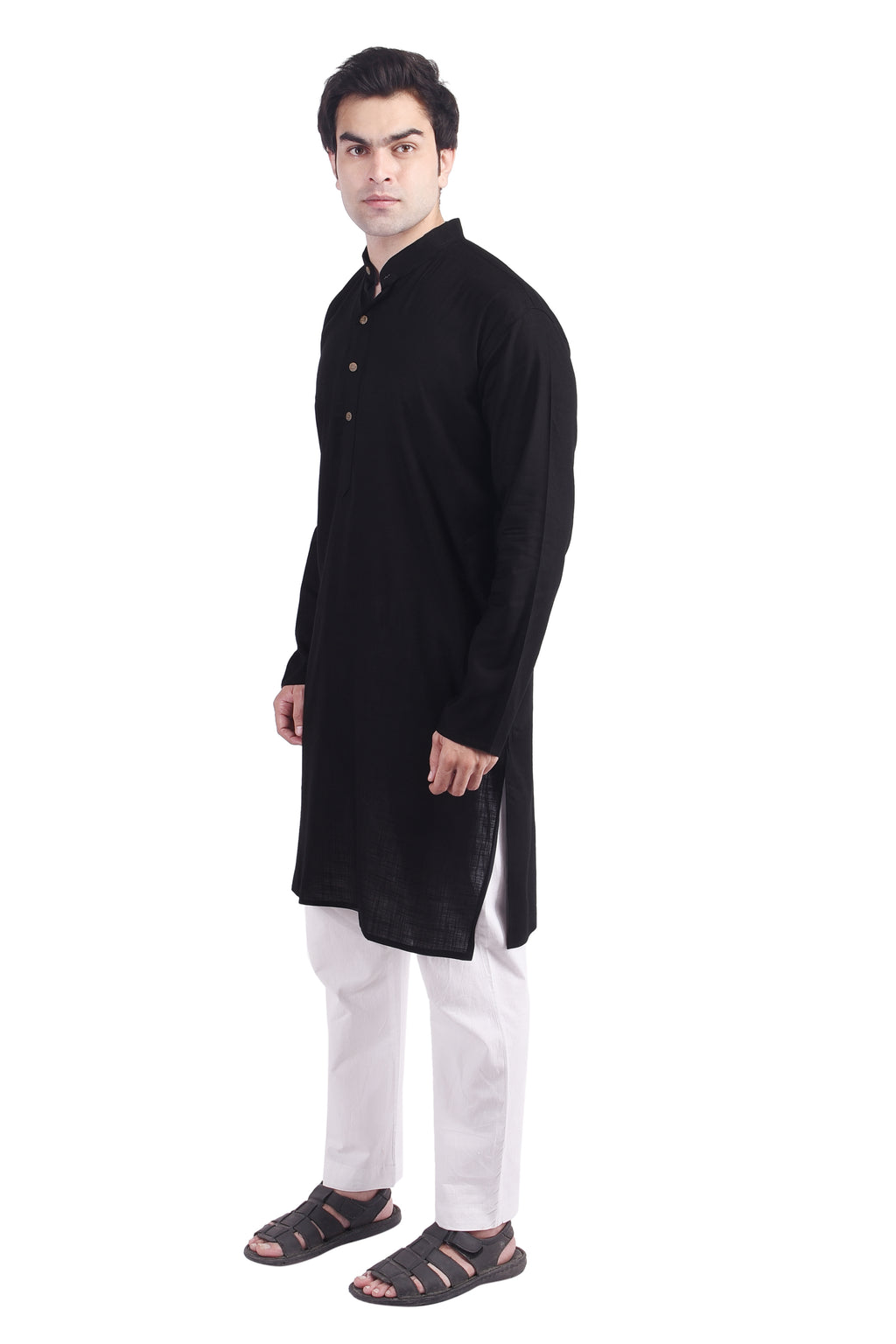 Black Long Rayon Slub Solid Men's Kurta
