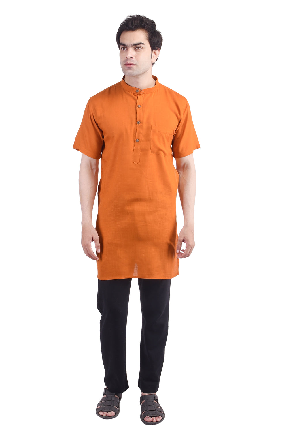 Orange Short Rayon Slub Solid Men's Modi Kurta