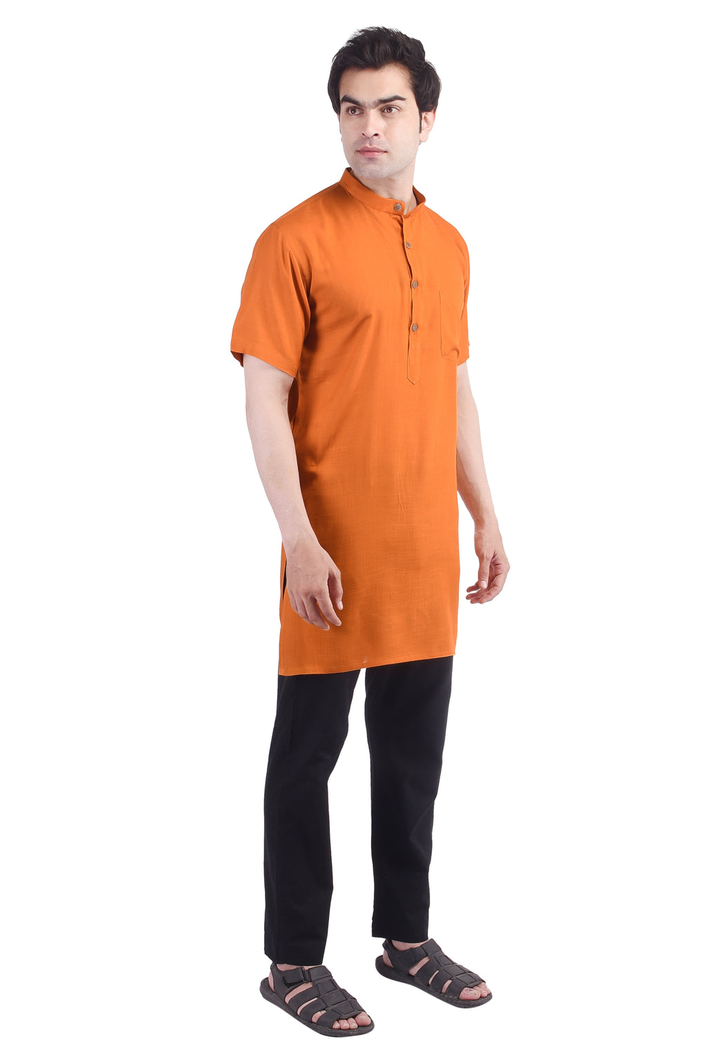 Orange Short Rayon Slub Solid Men's Modi Kurta