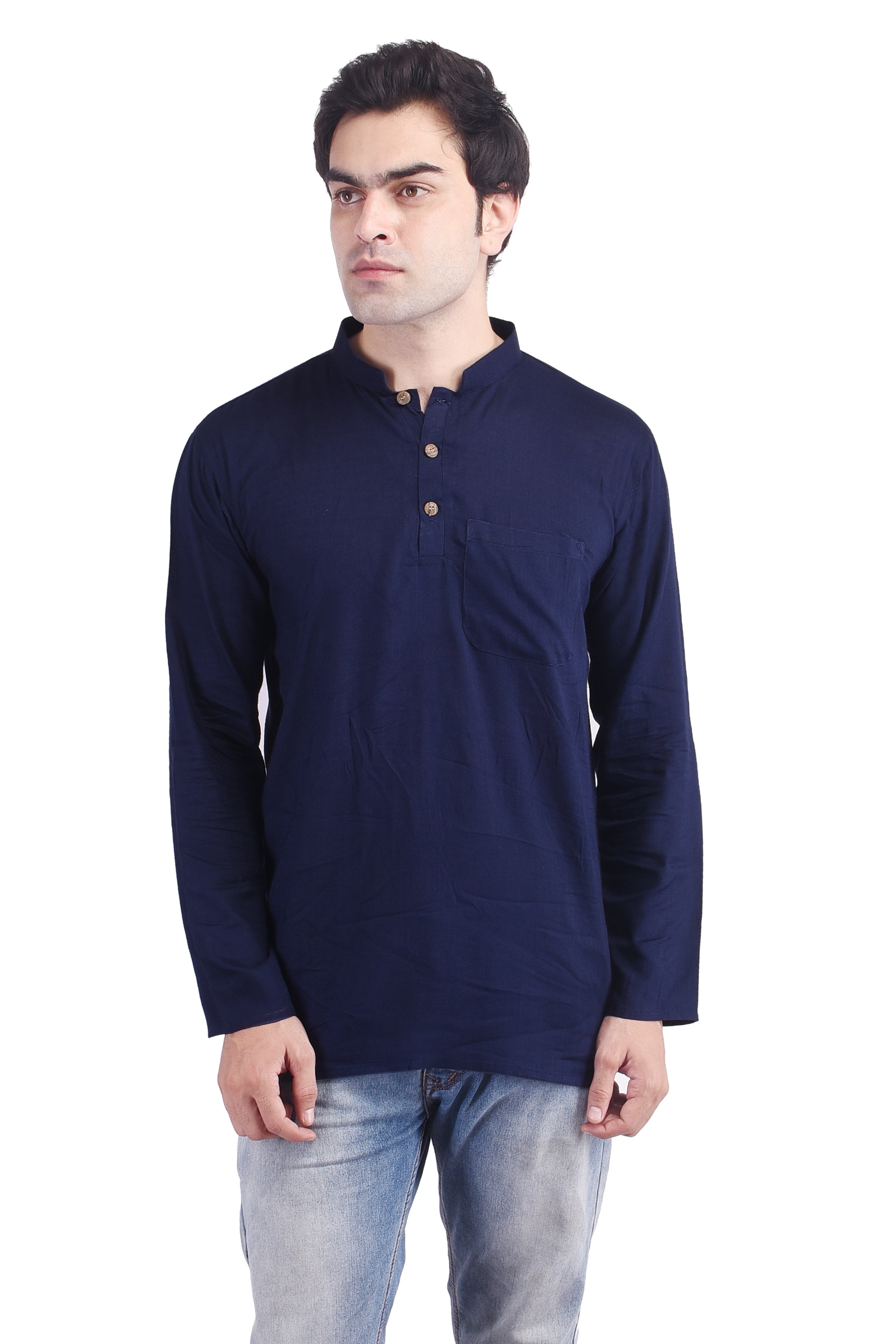 Navy Blue Short Rayon Slub Solid Men's Kurta