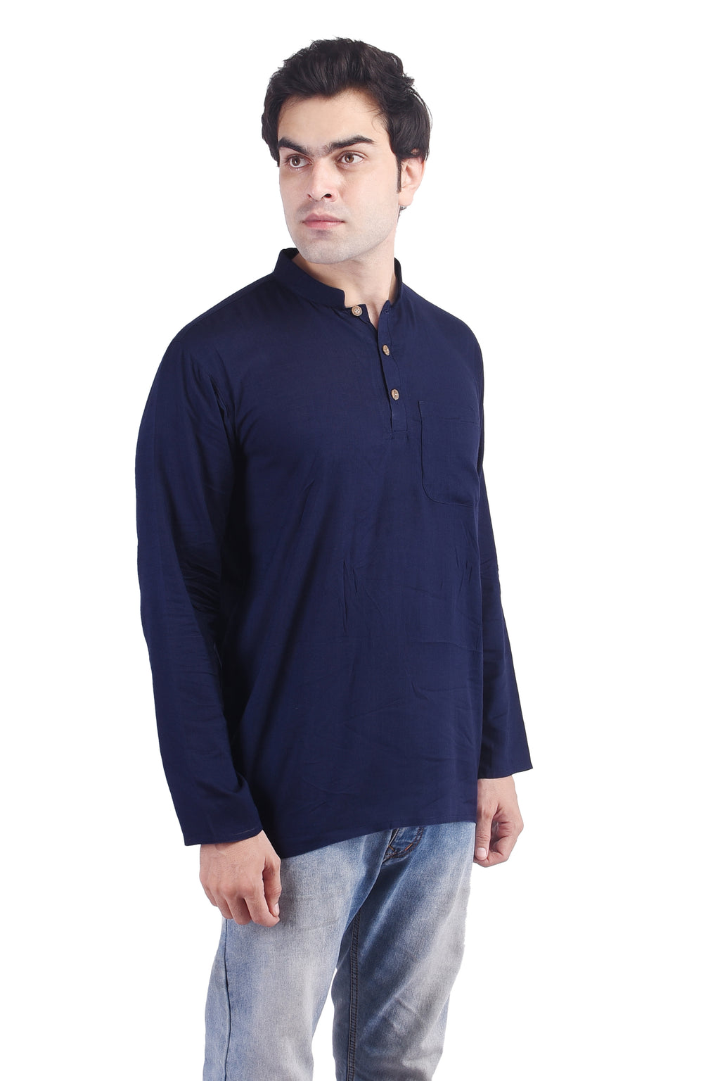Navy Blue Short Rayon Slub Solid Men's Kurta