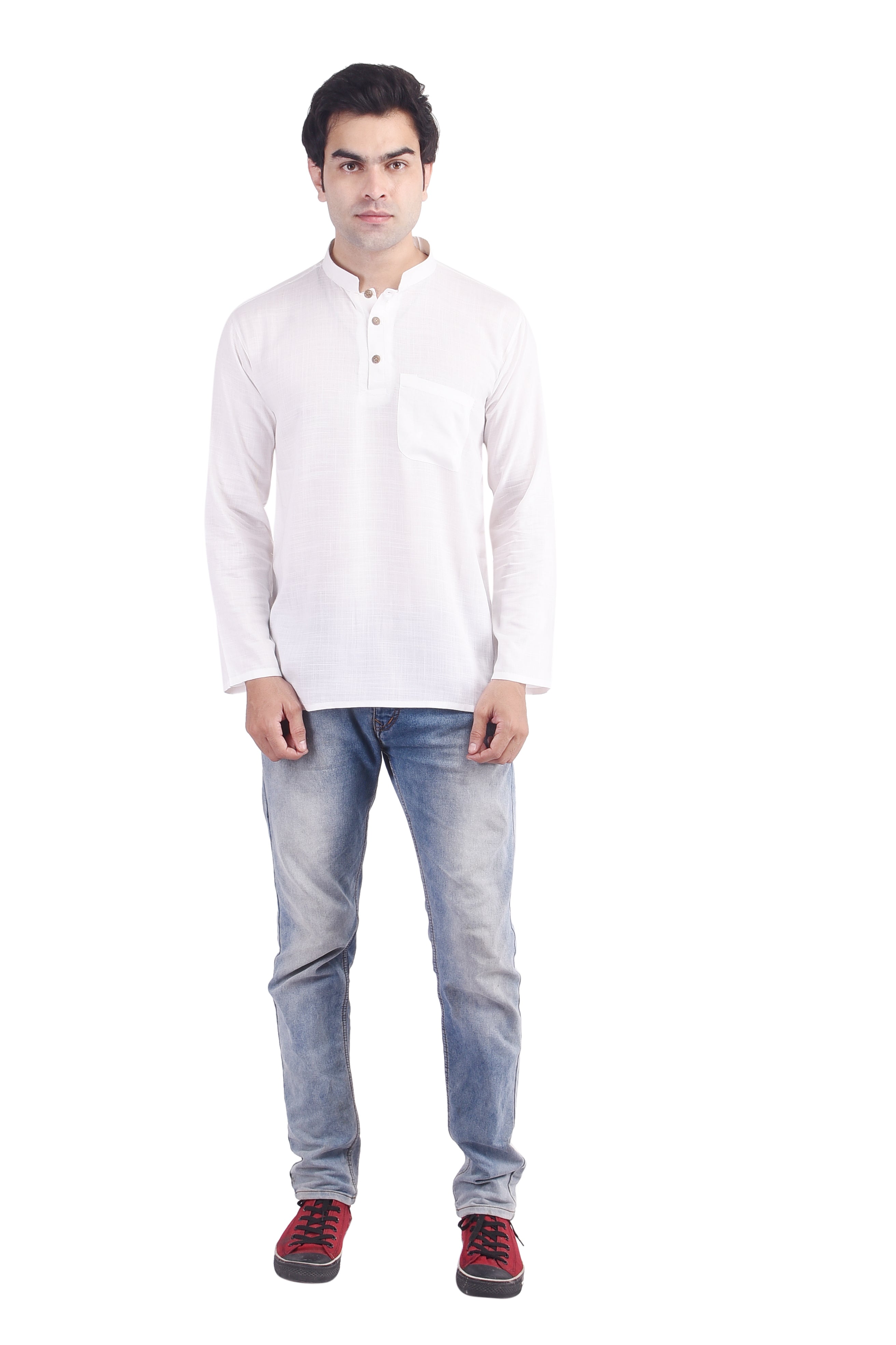 White Short Rayon Slub Solid Men's Kurta