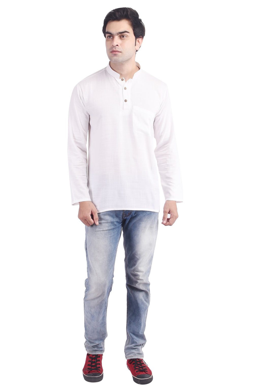 White Short Rayon Slub Solid Men's Kurta