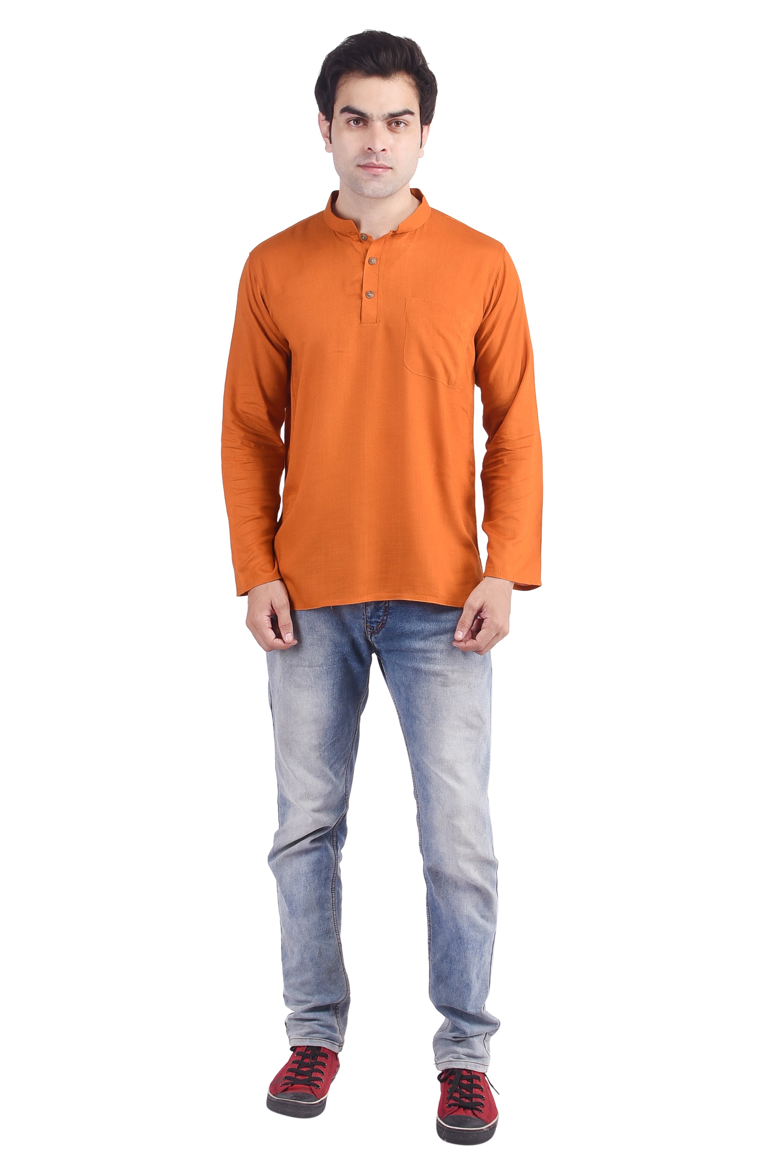 Orange Short Rayon Slub Solid Men's Kurta