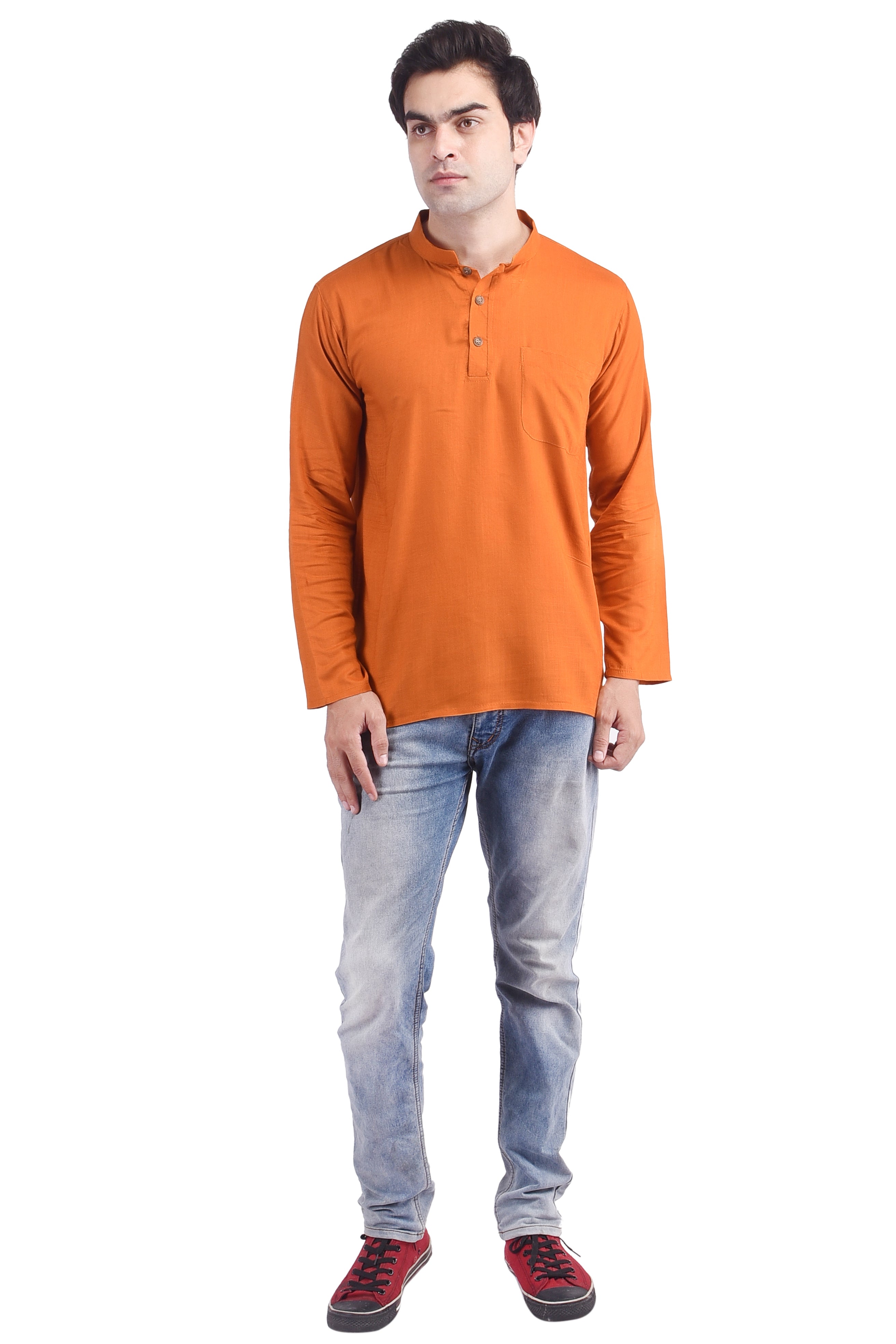 Orange Short Rayon Slub Solid Men's Kurta