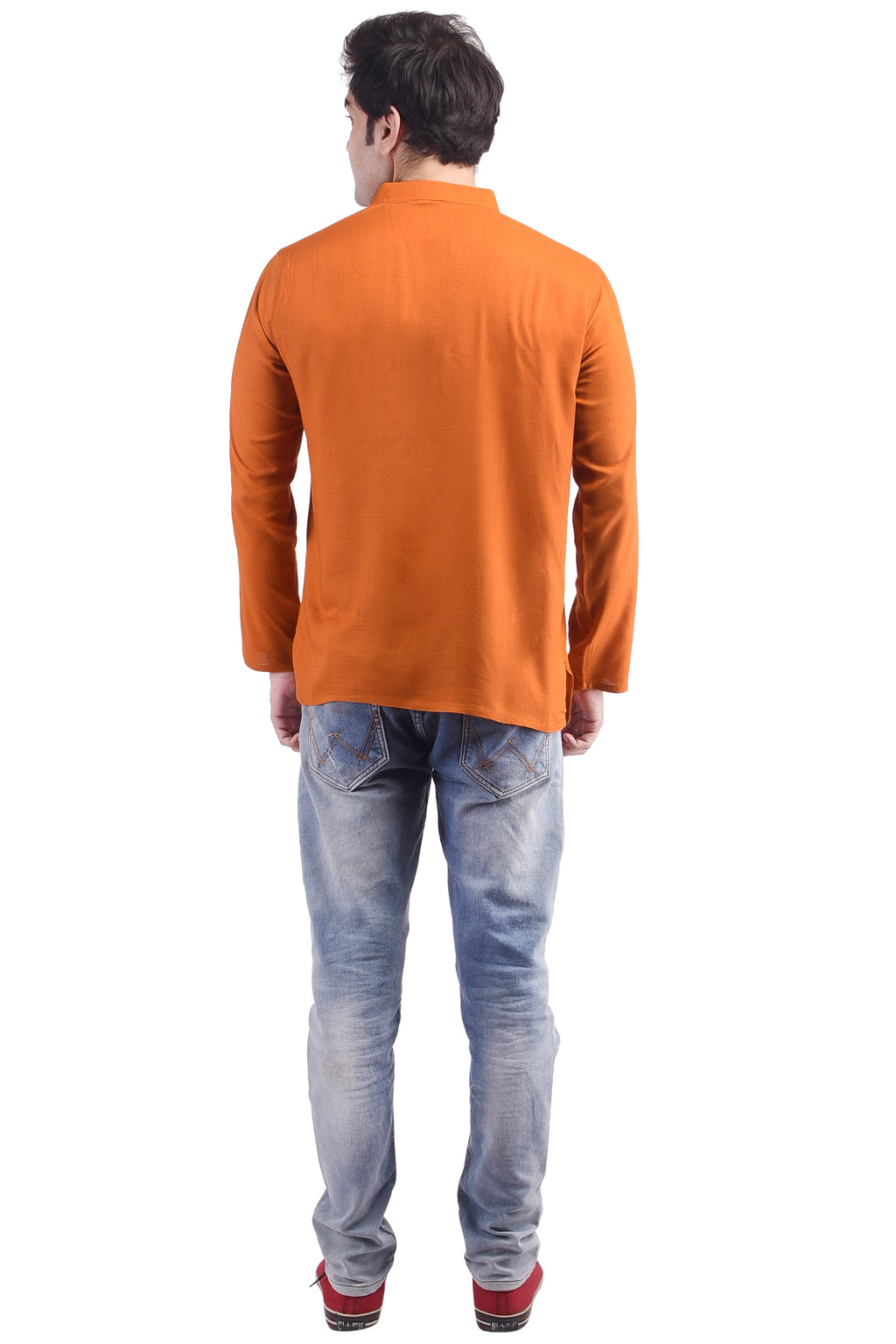 Orange Short Rayon Slub Solid Men's Kurta