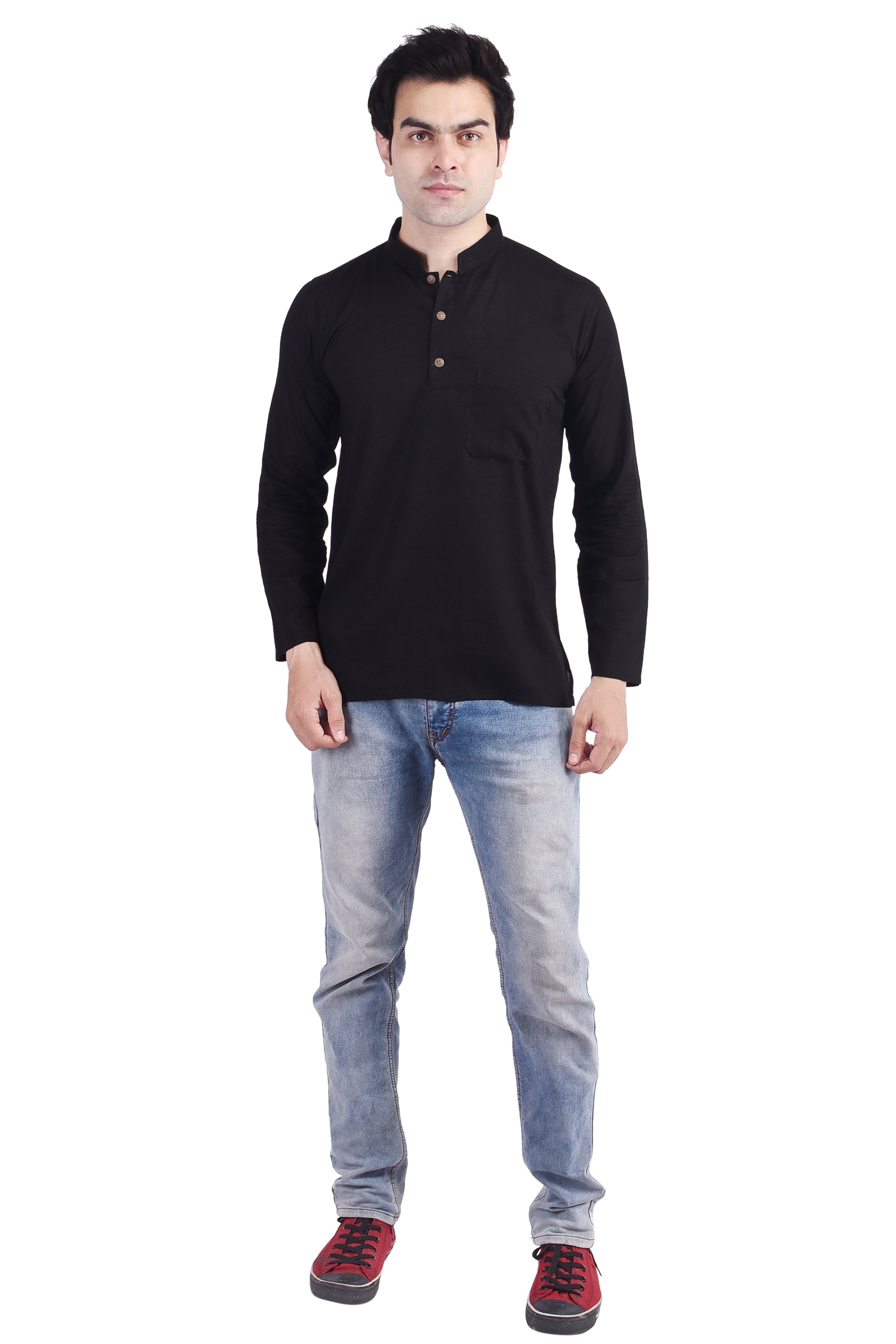 Black Short Rayon Slub Solid Men's Kurta