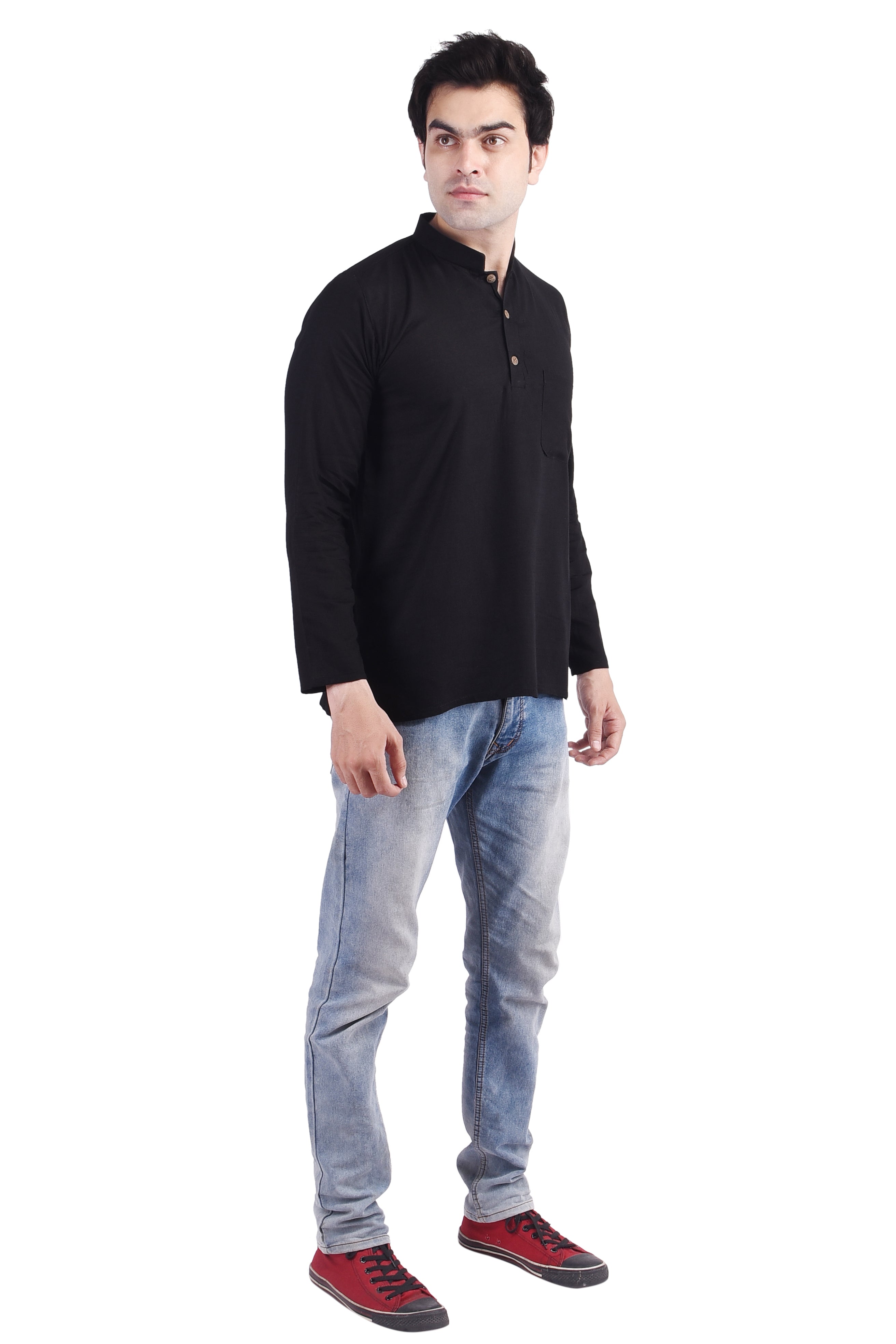 Black Short Rayon Slub Solid Men's Kurta