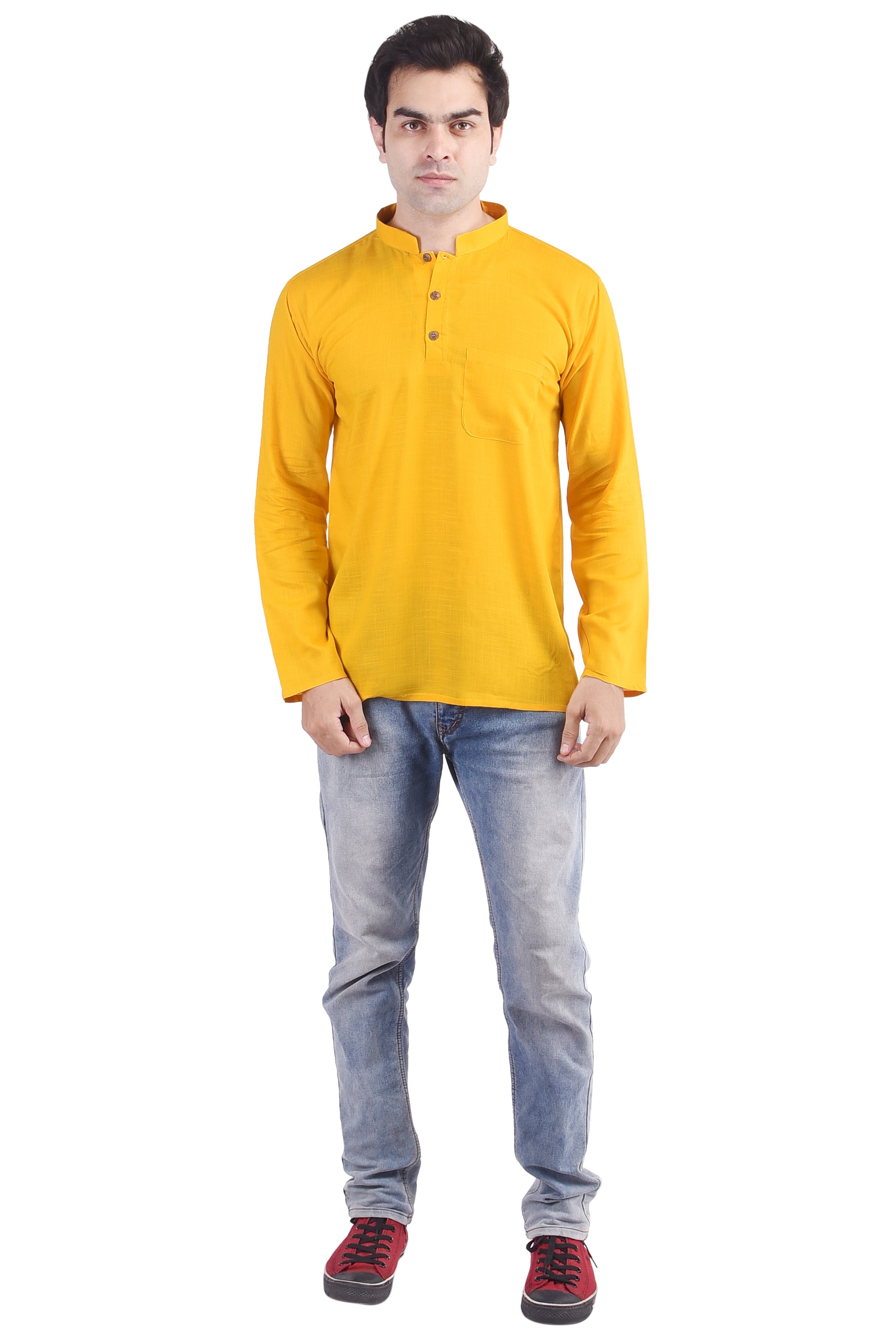 Yellow Short Rayon Slub Solid Men's Kurta
