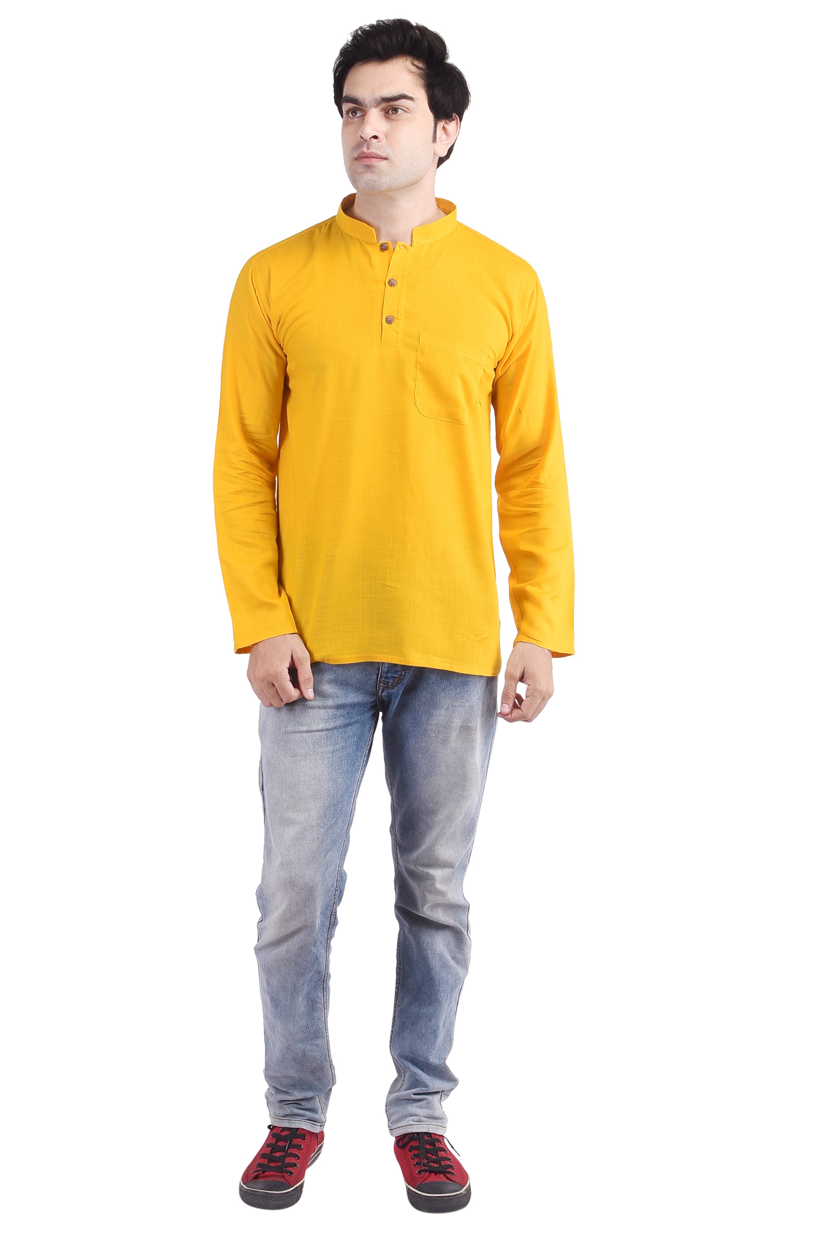 Yellow Short Rayon Slub Solid Men's Kurta